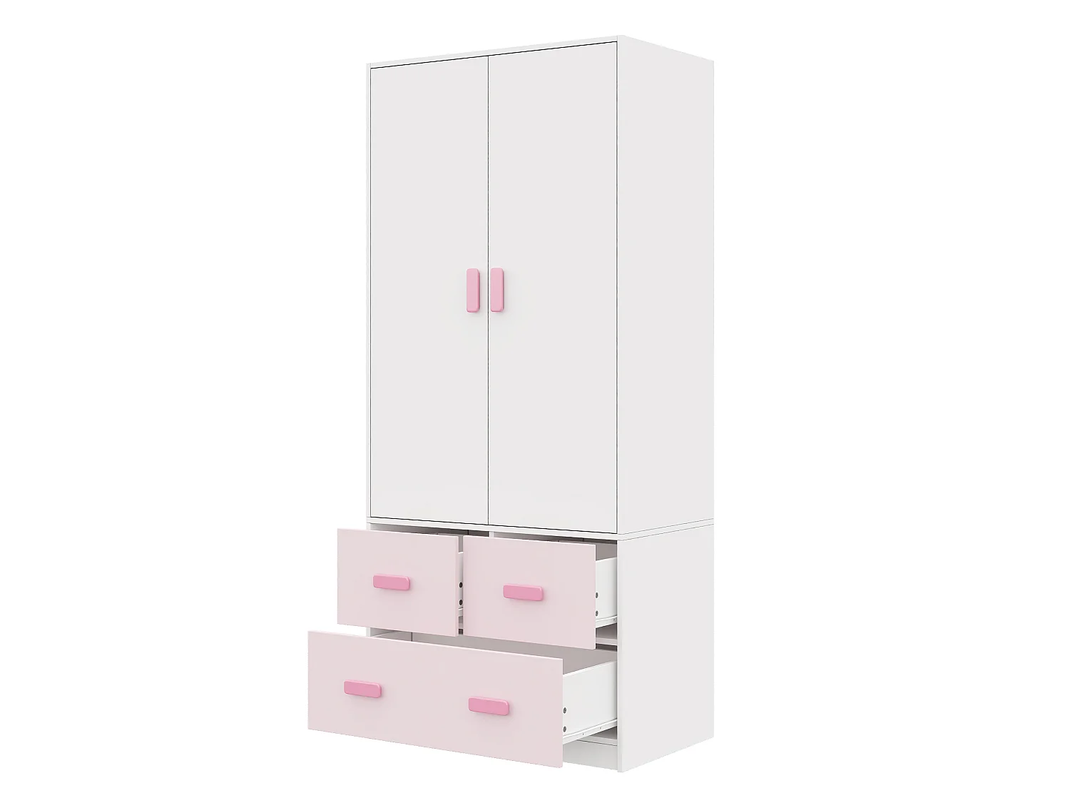 Armoire enfant avec 2 portes et 3 tiroirs - avec tringle à vêtements - 80x48x180 cm - MDF - Blanc et rose