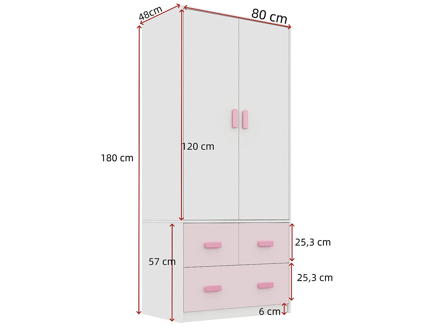 Armoire enfant avec 2 portes et 3 tiroirs - avec tringle à vêtements - 80x48x180 cm - MDF - Blanc et rose