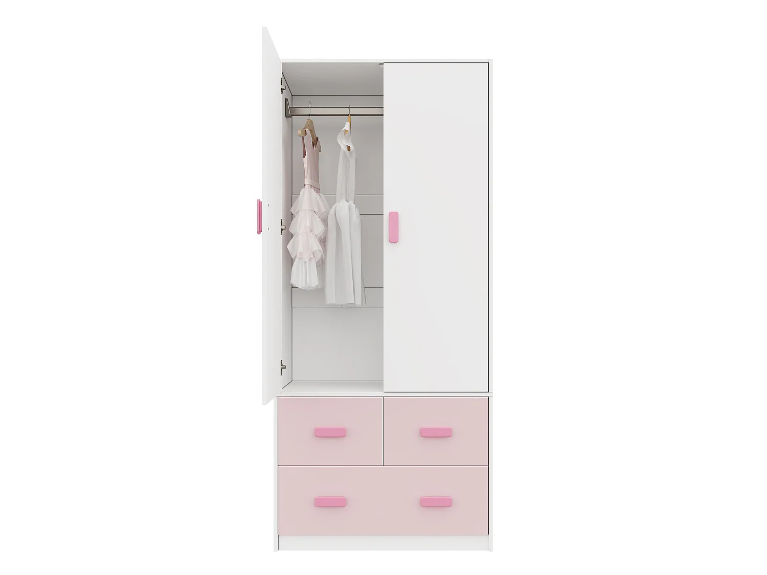 Armoire enfant avec 2 portes et 3 tiroirs - avec tringle à vêtements - 80x48x180 cm - MDF - Blanc et rose