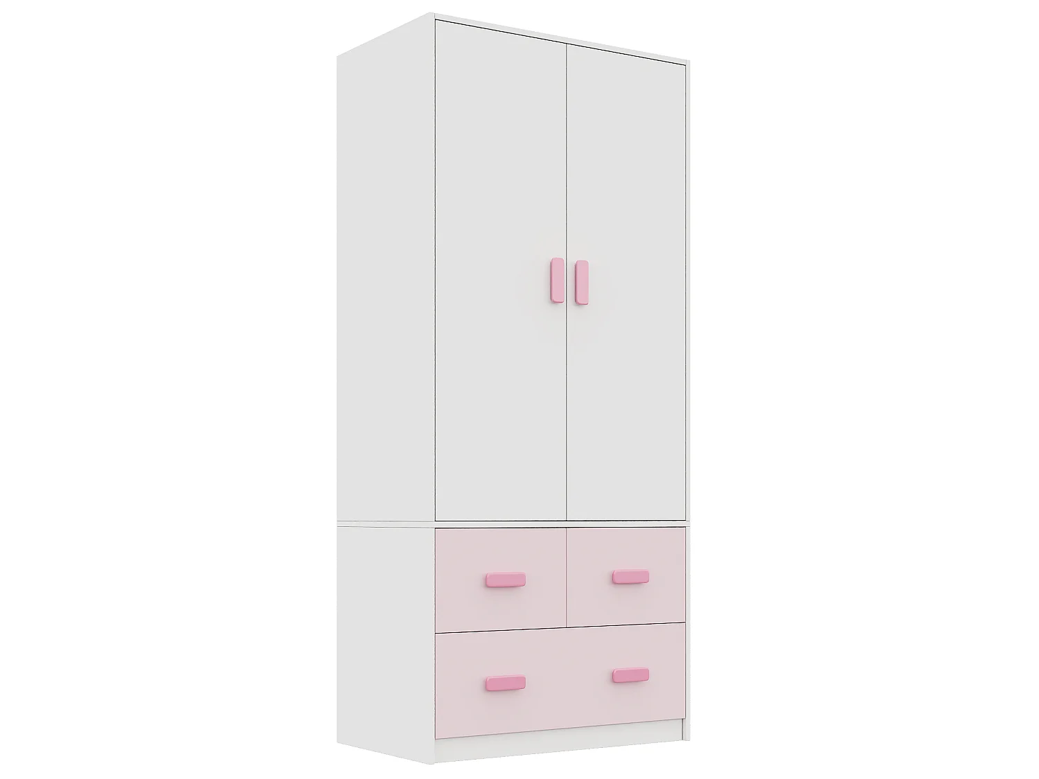 Armoire enfant avec 2 portes et 3 tiroirs - avec tringle à vêtements - 80x48x180 cm - MDF - Blanc et rose
