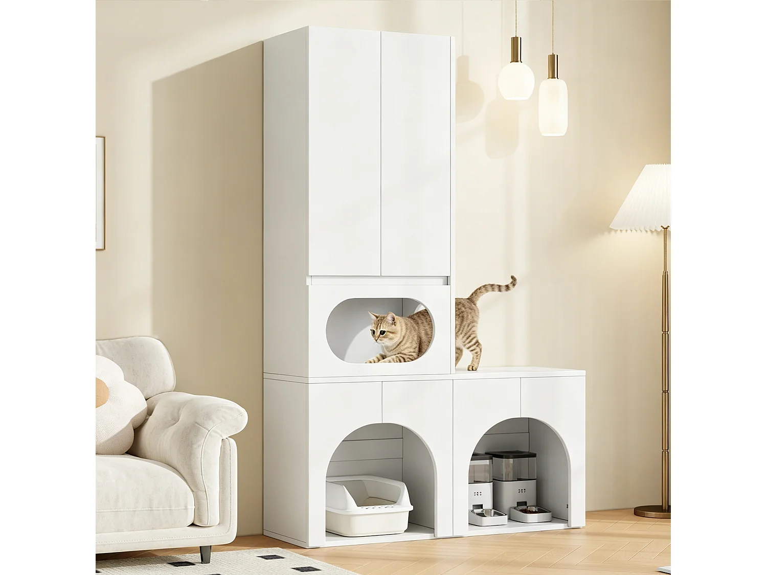 Armoire de rangement/Meuble haut - Peut contenir 2 bacs à litière - Avec espace de repos pour animaux - Blanc (Bacs à litière non inclus)