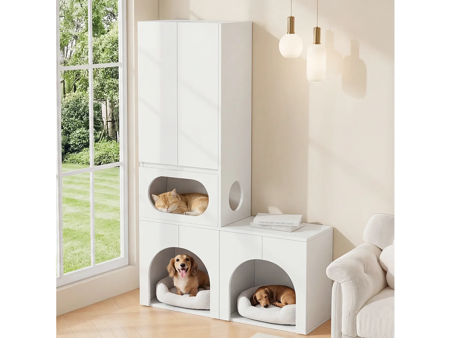 Armoire de rangement/Meuble haut - Peut contenir 2 bacs à litière - Avec espace de repos pour animaux - Blanc (Bacs à litière non inclus)