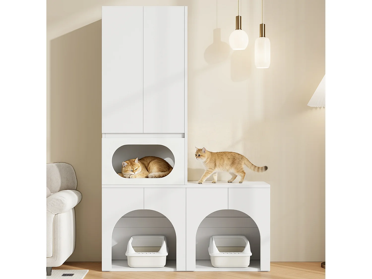 Armoire de rangement/Meuble haut - Peut contenir 2 bacs à litière - Avec espace de repos pour animaux - Blanc (Bacs à litière non inclus)