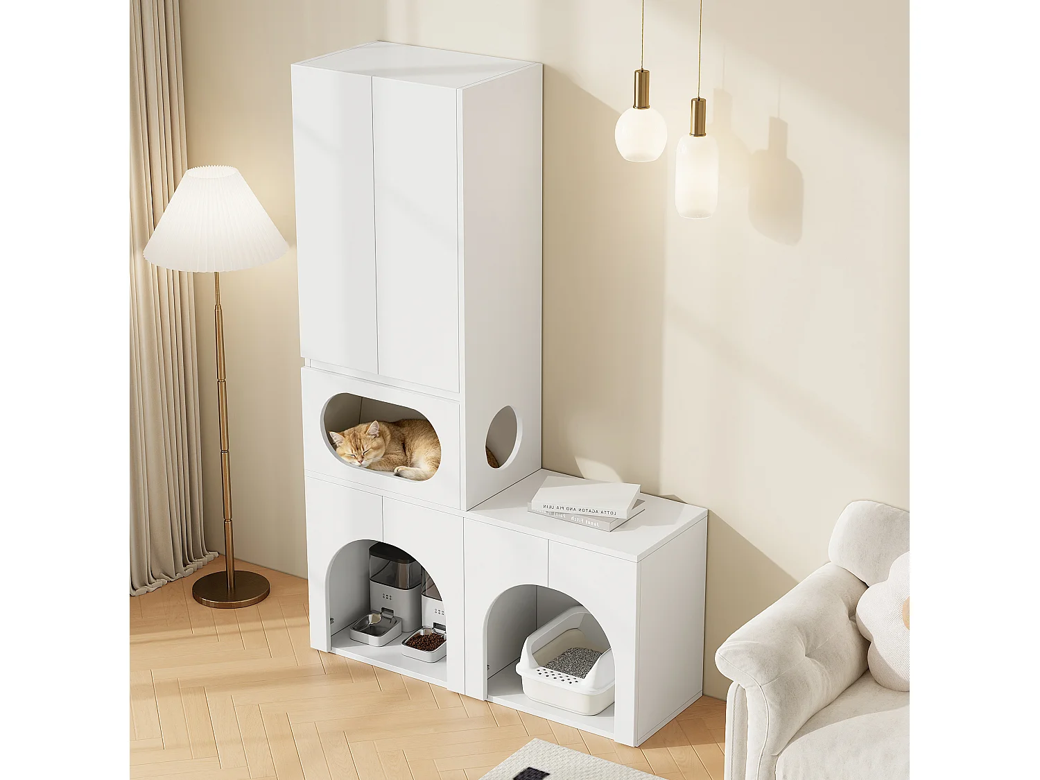 Armoire de rangement/Meuble haut - Peut contenir 2 bacs à litière - Avec espace de repos pour animaux - Blanc (Bacs à litière non inclus)