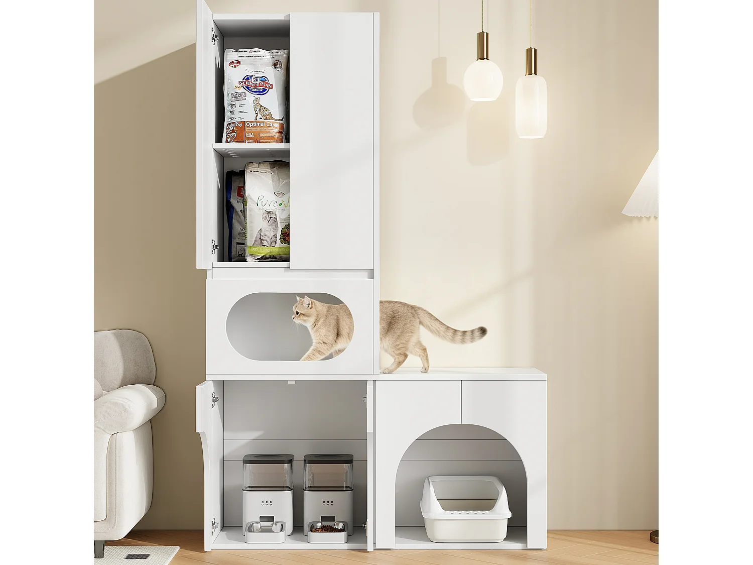 Armoire de rangement/Meuble haut - Peut contenir 2 bacs à litière - Avec espace de repos pour animaux - Blanc (Bacs à litière non inclus)