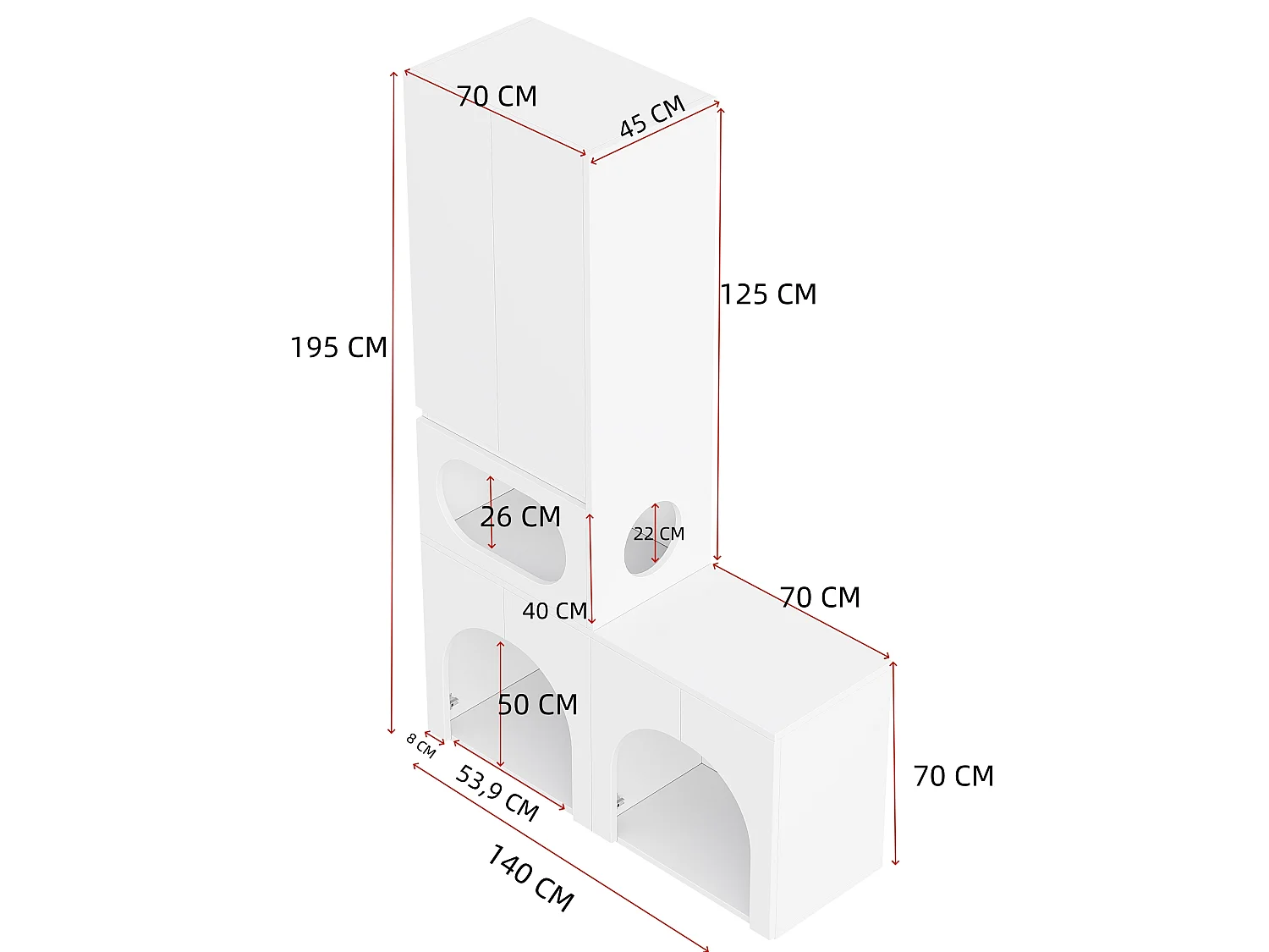 Armoire de rangement/Meuble haut - Peut contenir 2 bacs à litière - Avec espace de repos pour animaux - Blanc (Bacs à litière non inclus)