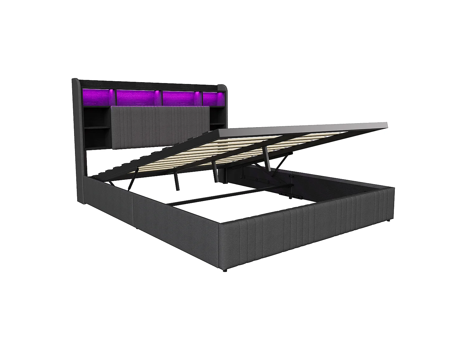 Lit Coffre 160x200 cm, Lit Double avec Éclairage LED et USB, Lit Adulte avec Rangement et Tete de Lit, pour Adolescents, Lin, sans Matelas, Gris