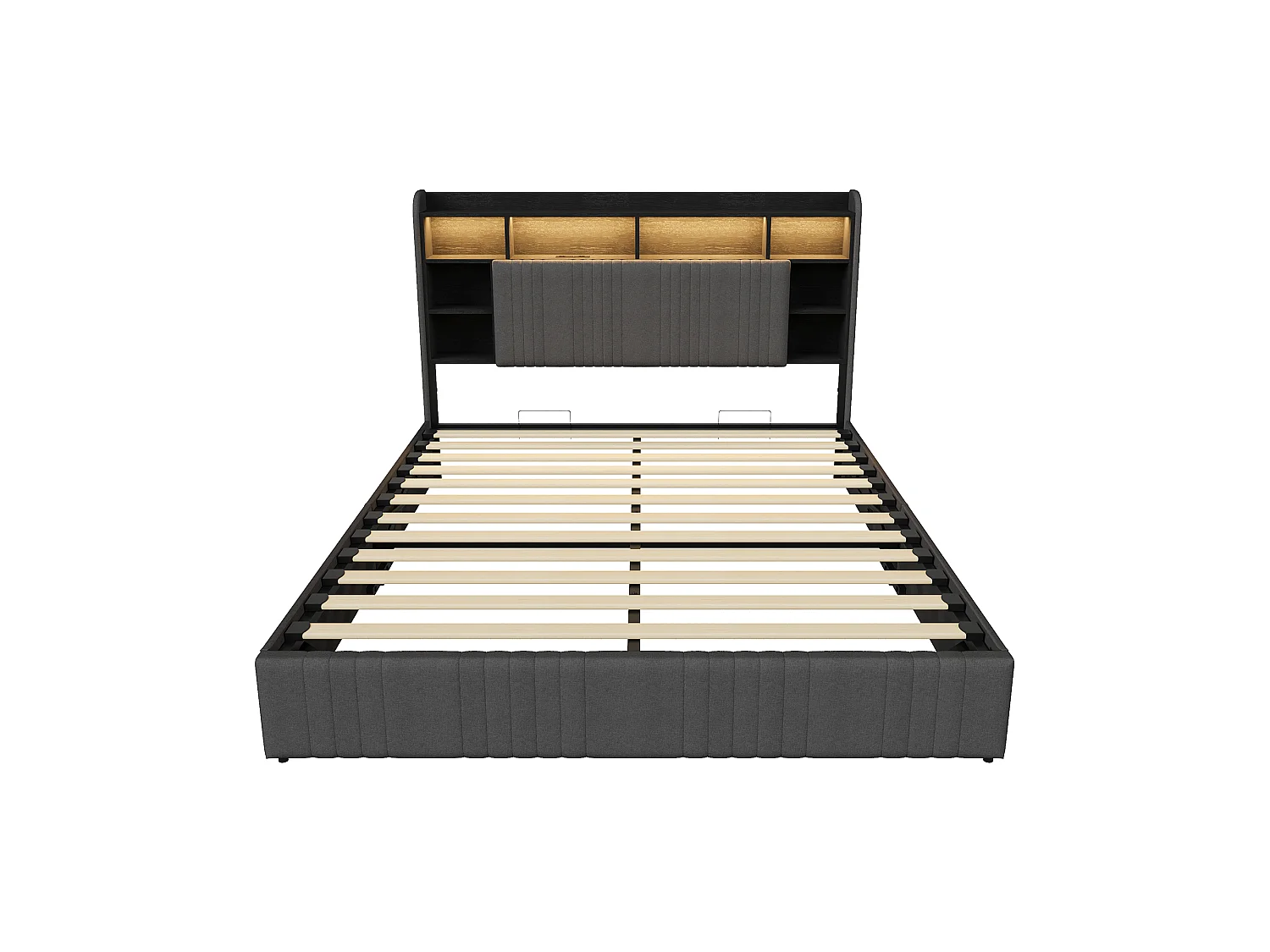 Lit Coffre 160x200 cm, Lit Double avec Éclairage LED et USB, Lit Adulte avec Rangement et Tete de Lit, pour Adolescents, Lin, sans Matelas, Gris