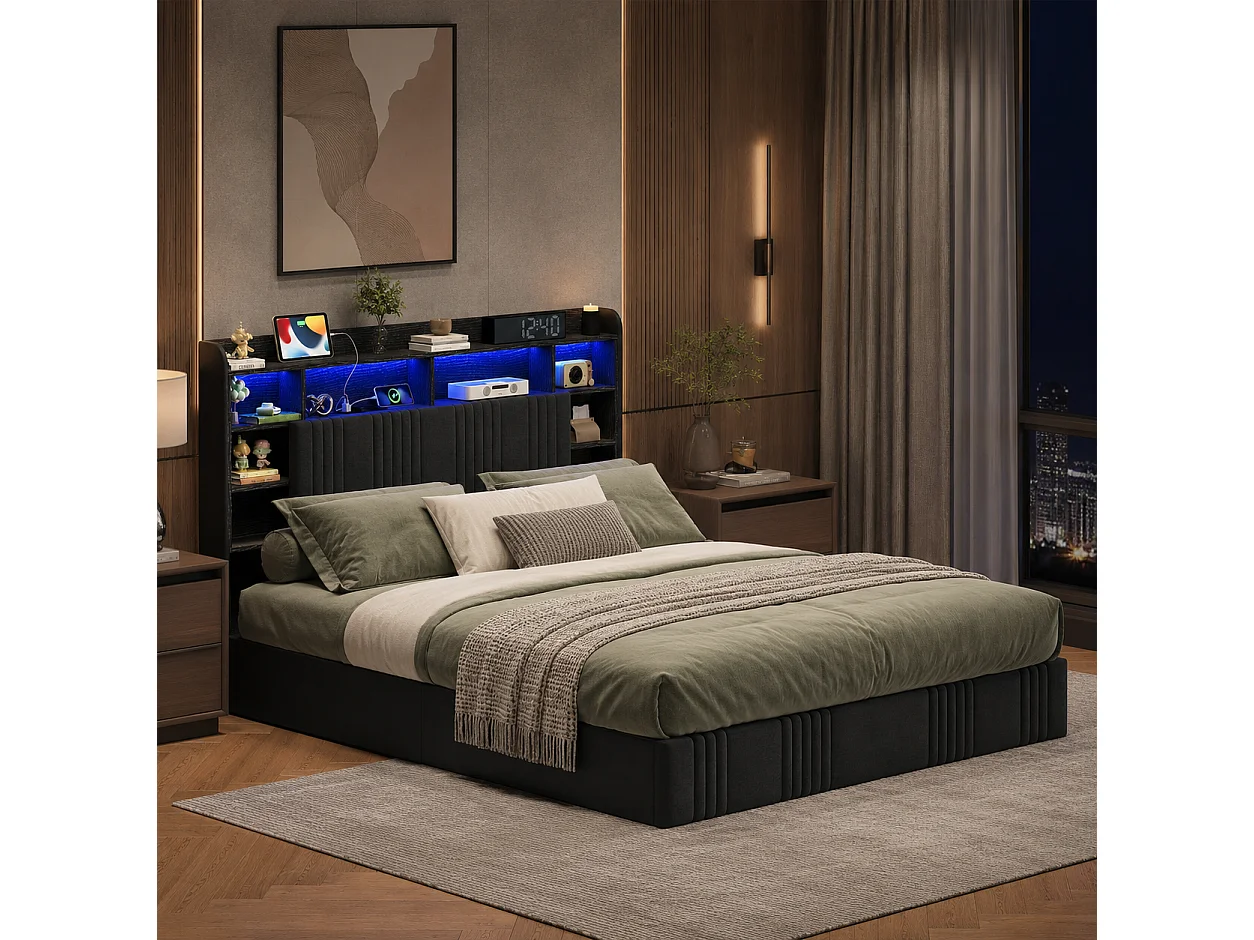 Lit Coffre 160x200 cm, Lit Double avec Éclairage LED et USB, Lit Adulte avec Rangement et Tete de Lit, pour Adolescents, Lin, sans Matelas, Gris