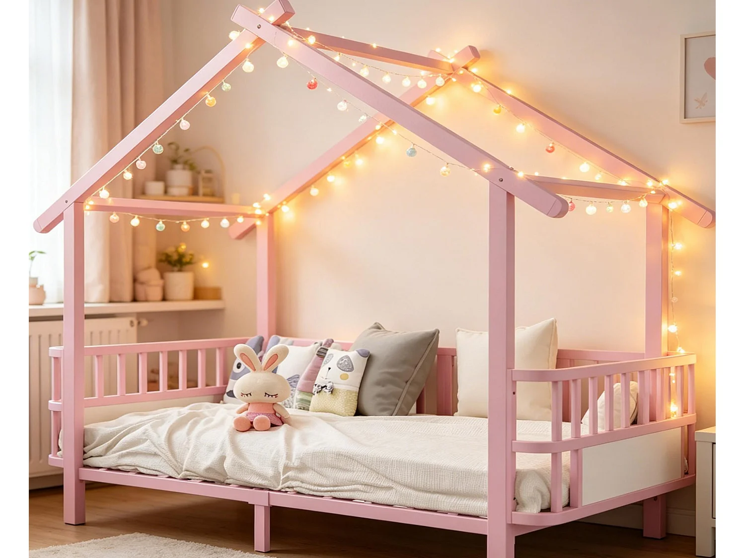 Lit cabane en métal 90 x 200 cm - avec barrières de sécurité - rose (matelas non inclus)