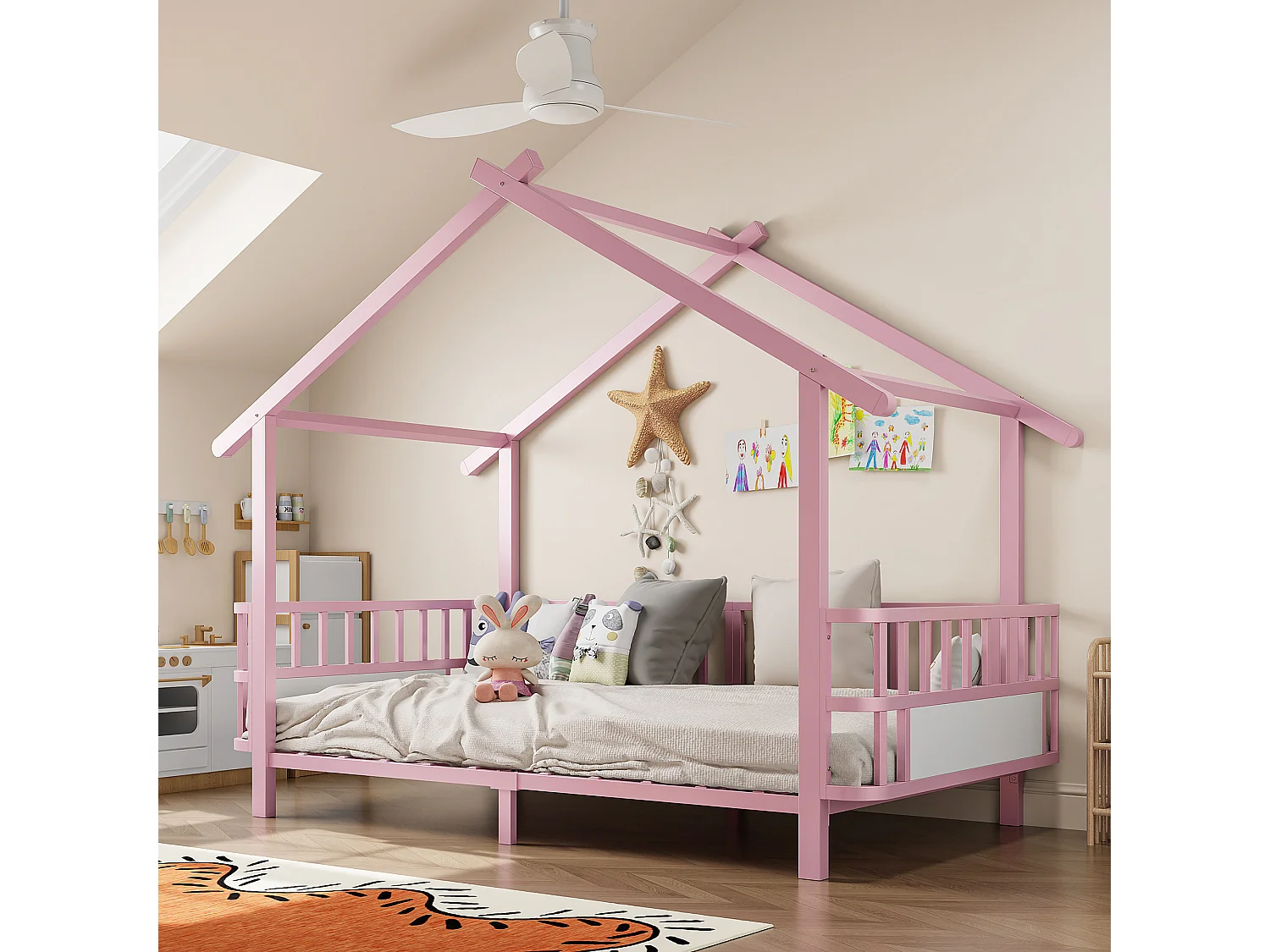 Lit cabane en métal 90 x 200 cm - avec barrières de sécurité - rose (matelas non inclus)
