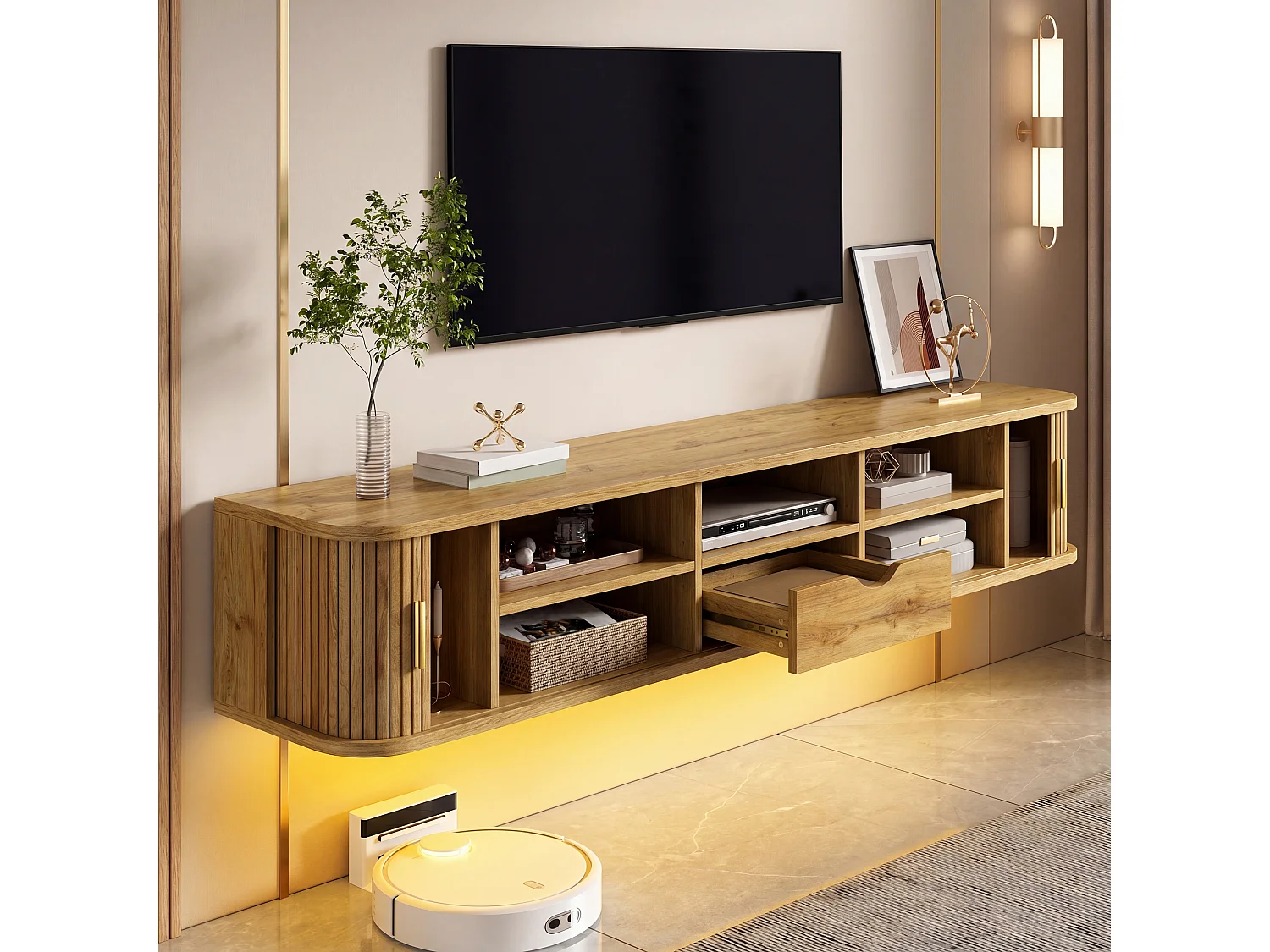 Wand-TV-Möbel 175x30x30 cm - mit LED-Beleuchtung - 2 Schiebetüren und 1 Schublade - abgerundete Ecken - MDF - Natur