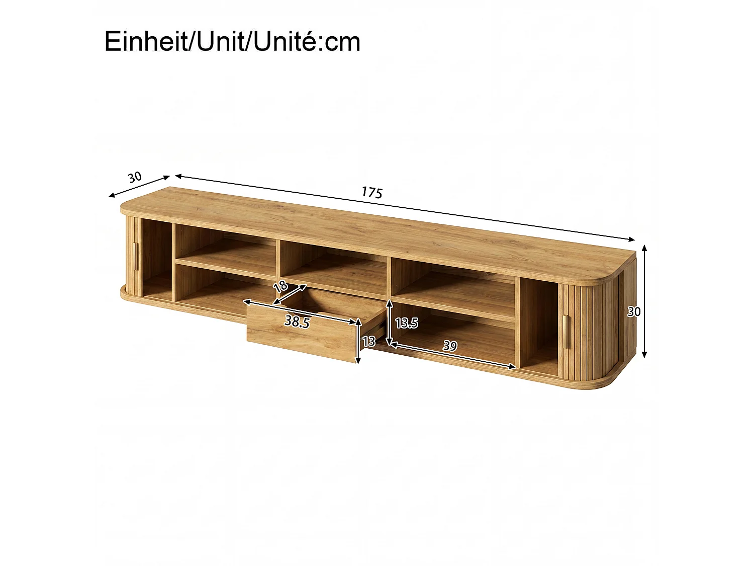 Wand-TV-Möbel 175x30x30 cm - mit LED-Beleuchtung - 2 Schiebetüren und 1 Schublade - abgerundete Ecken - MDF - Natur