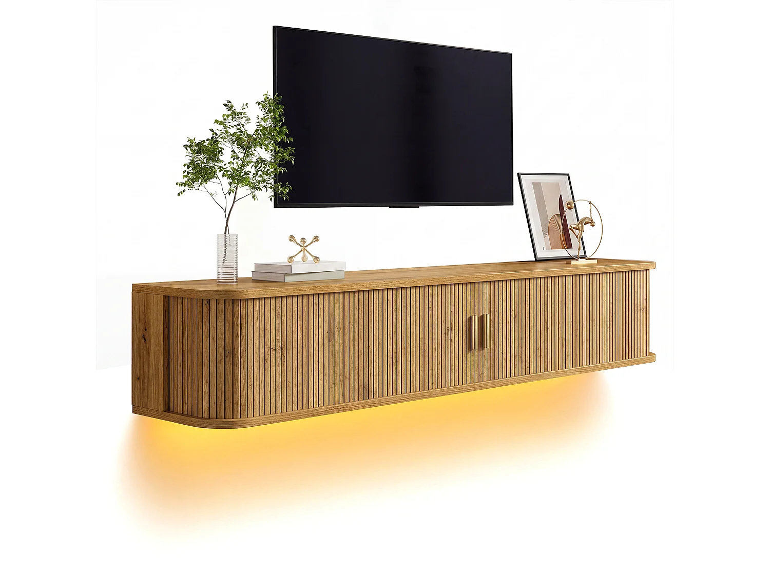 Wand-TV-Möbel 175x30x30 cm - mit LED-Beleuchtung - 2 Schiebetüren und 1 Schublade - abgerundete Ecken - MDF - Natur
