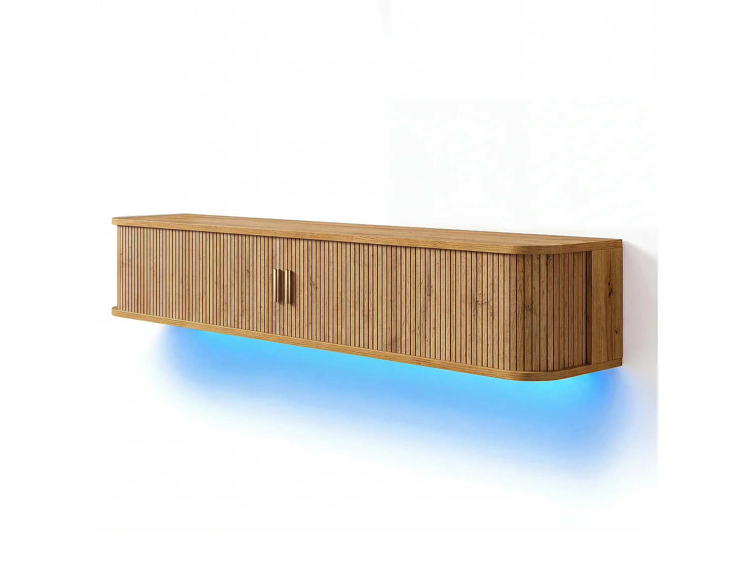 Wand-TV-Möbel 175x30x30 cm - mit LED-Beleuchtung - 2 Schiebetüren und 1 Schublade - abgerundete Ecken - MDF - Natur