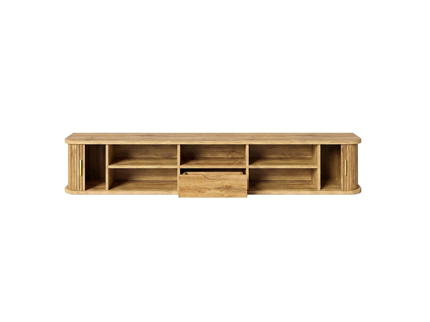 Wand-TV-Möbel 175x30x30 cm - mit LED-Beleuchtung - 2 Schiebetüren und 1 Schublade - abgerundete Ecken - MDF - Natur