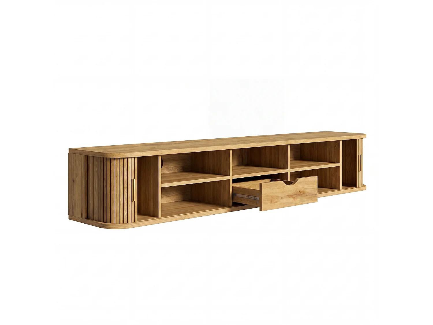 Wand-TV-Möbel 175x30x30 cm - mit LED-Beleuchtung - 2 Schiebetüren und 1 Schublade - abgerundete Ecken - MDF - Natur