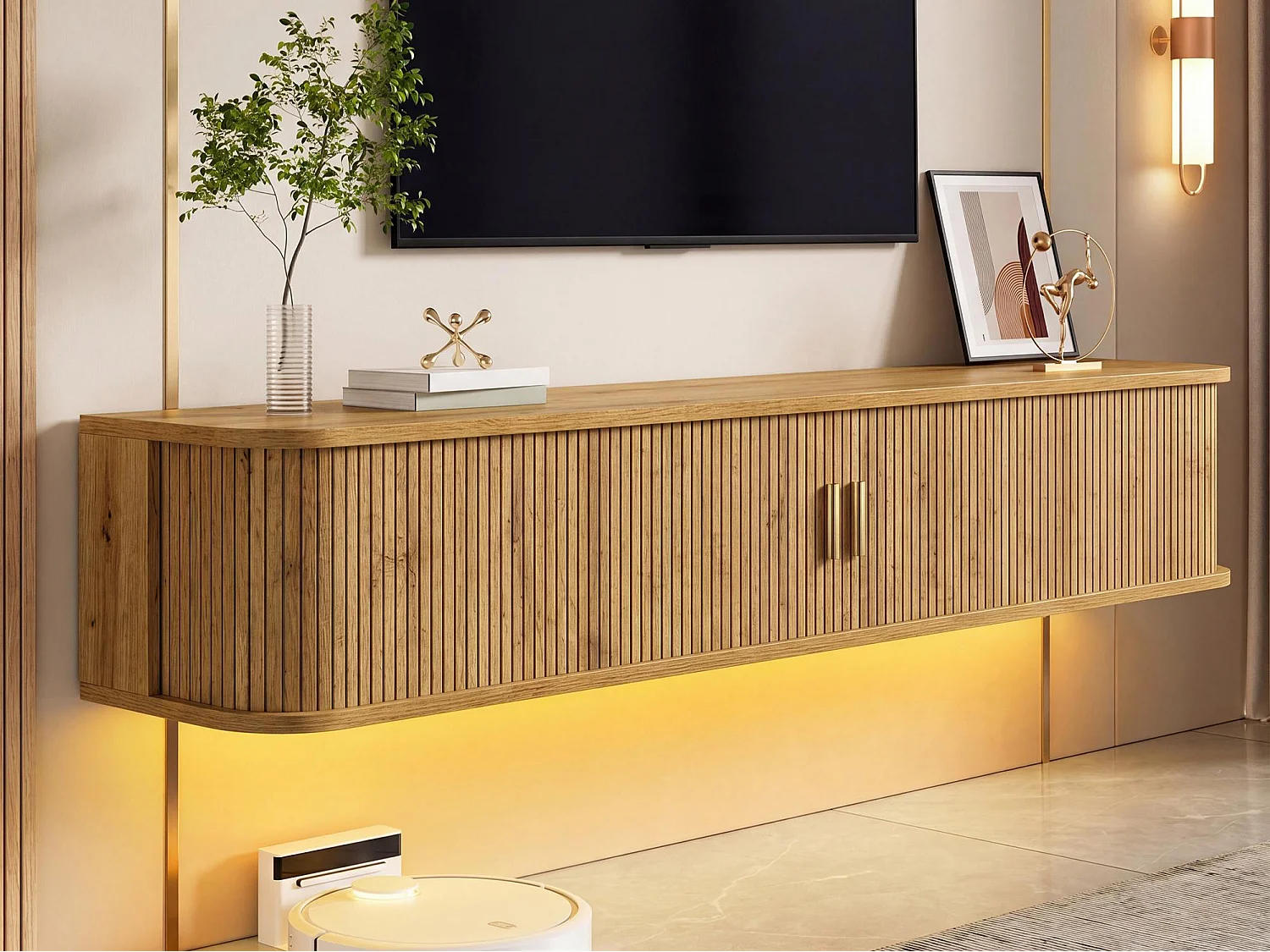 Wand-TV-Möbel 175x30x30 cm - mit LED-Beleuchtung - 2 Schiebetüren und 1 Schublade - abgerundete Ecken - MDF - Natur