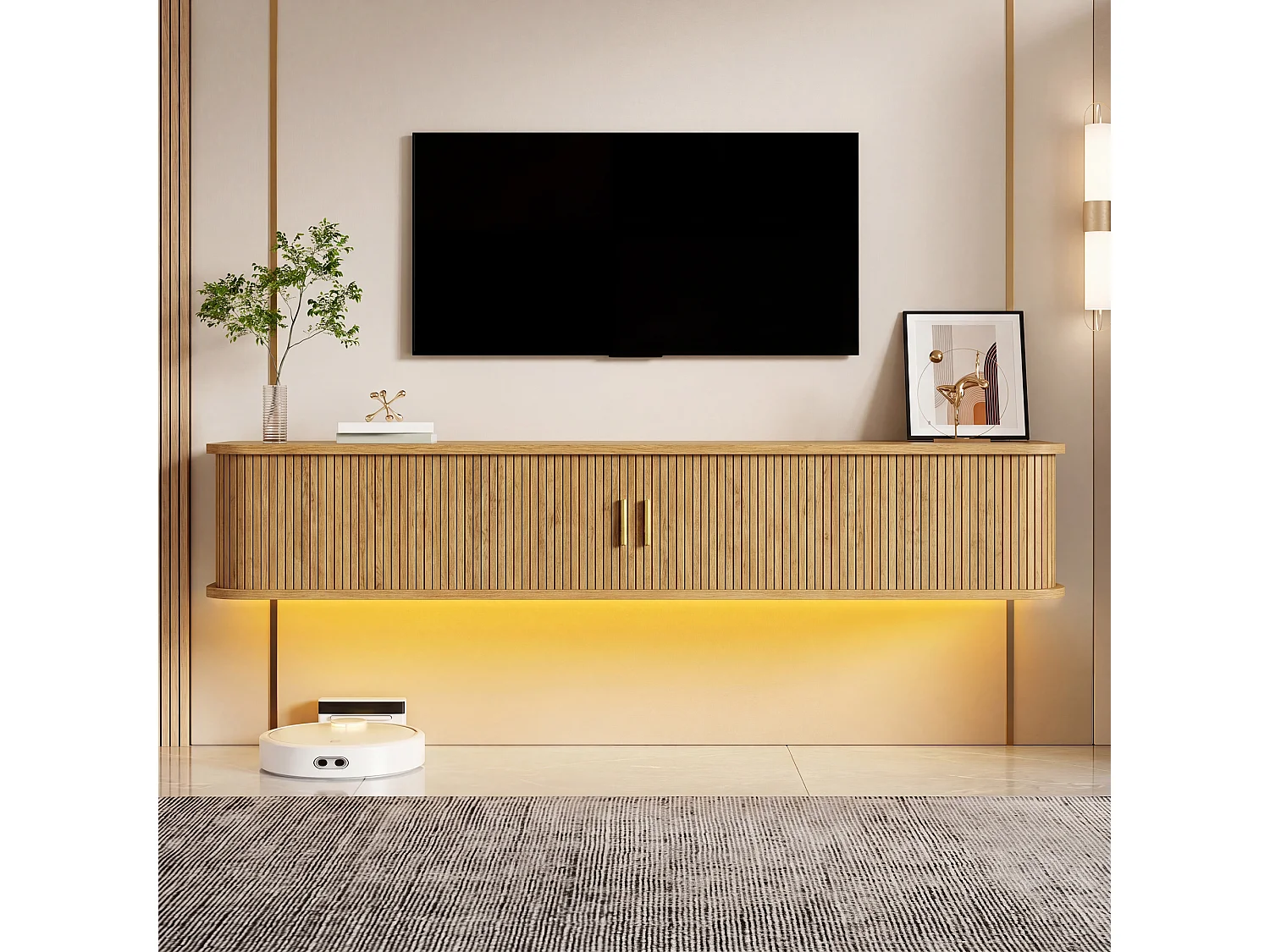 Wand-TV-Möbel 175x30x30 cm - mit LED-Beleuchtung - 2 Schiebetüren und 1 Schublade - abgerundete Ecken - MDF - Natur