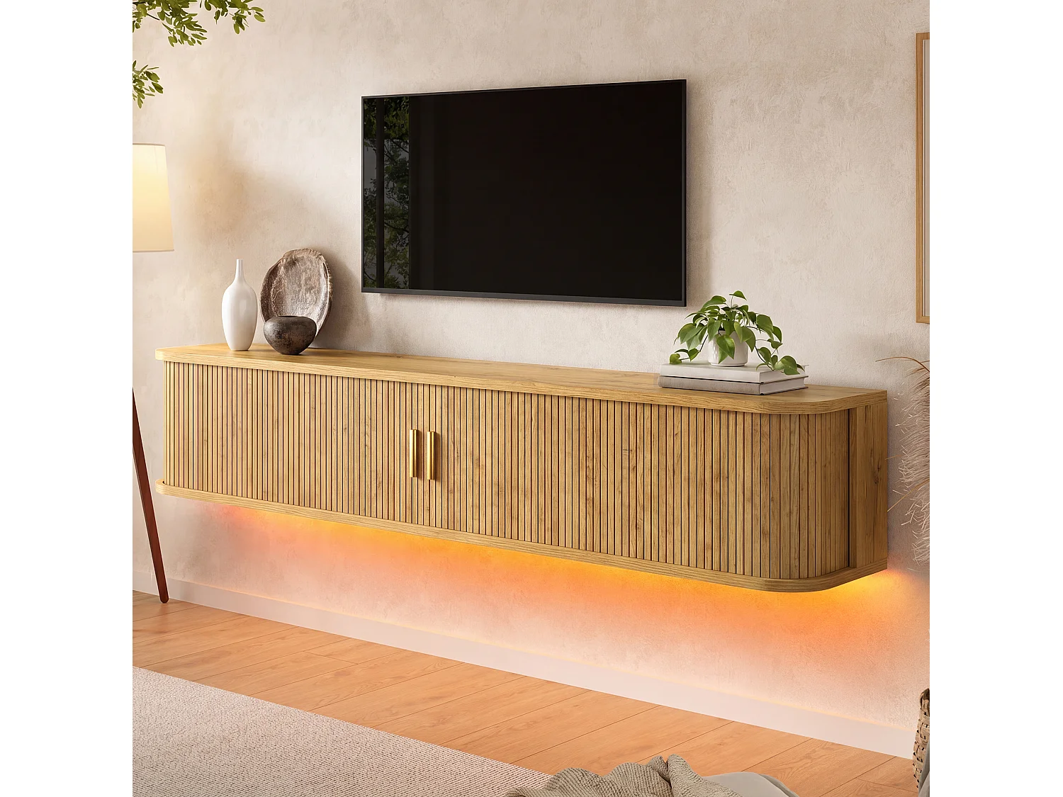Wand-TV-Möbel 175x30x30 cm - mit LED-Beleuchtung - 2 Schiebetüren und 1 Schublade - abgerundete Ecken - MDF - Natur