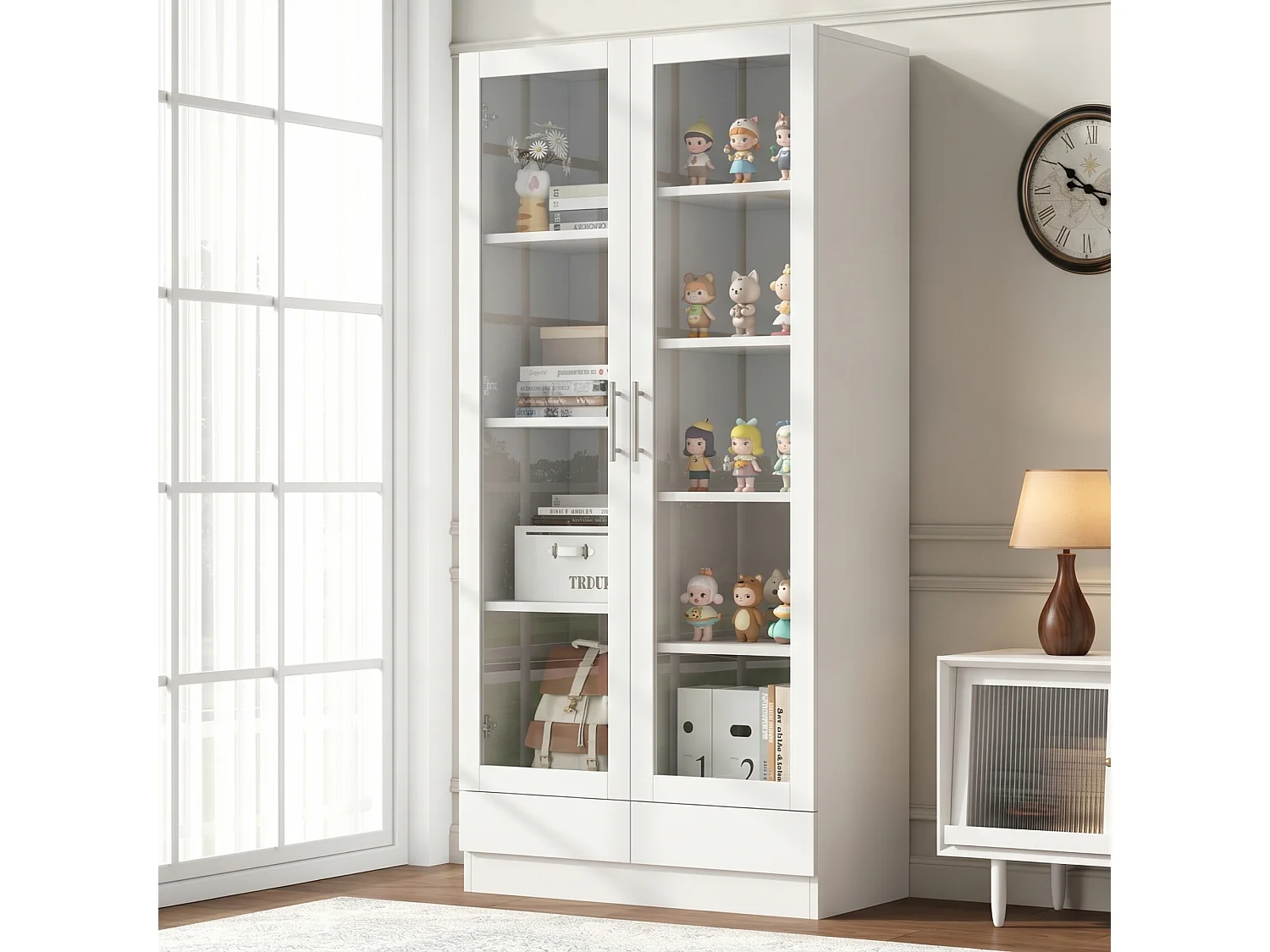 Storage Display Cabinet 80 × 40 × 160 cm - with glass doors and 2 drawers - tall cabinet - white