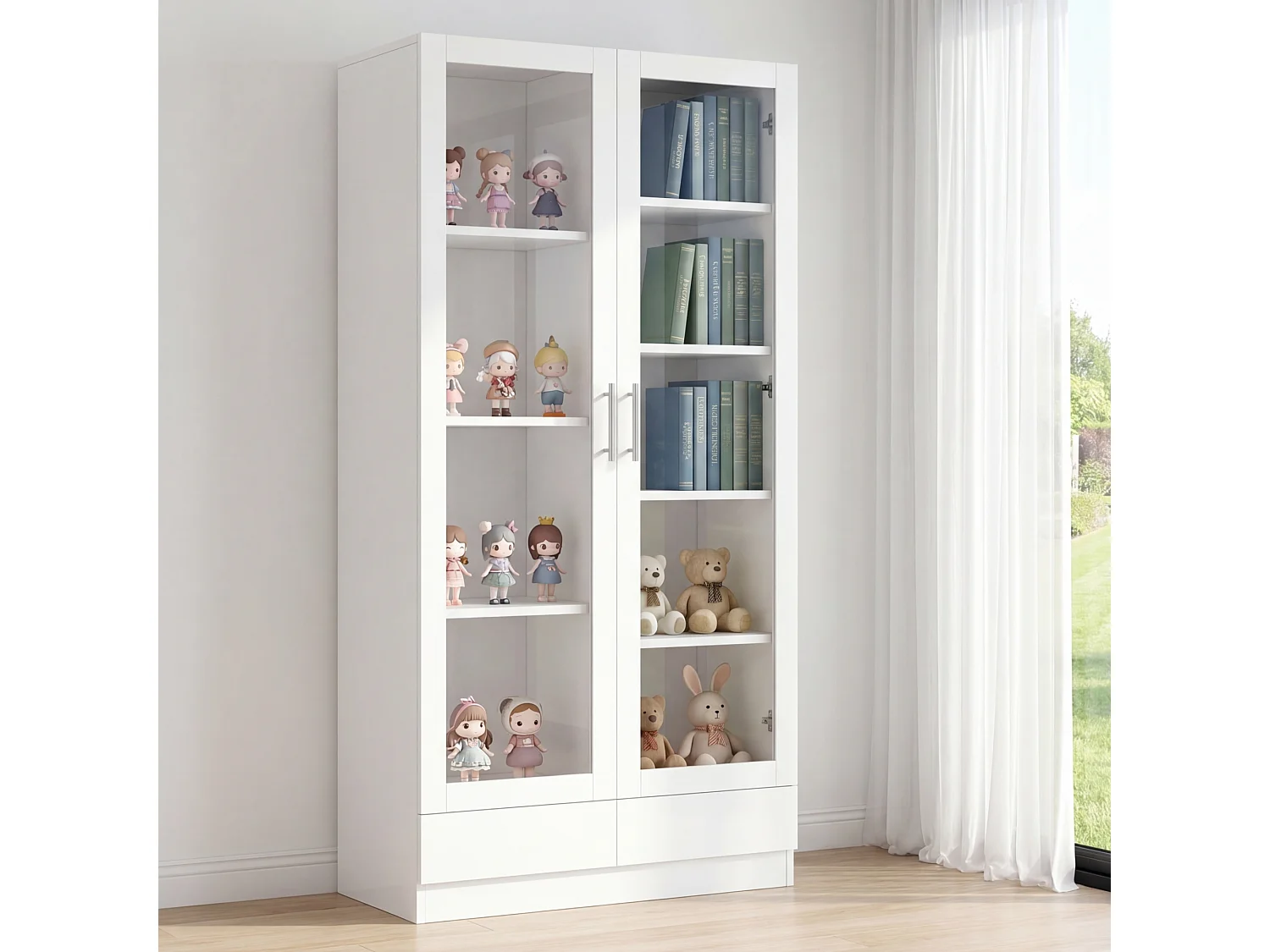 Storage Display Cabinet 80 × 40 × 160 cm - with glass doors and 2 drawers - tall cabinet - white