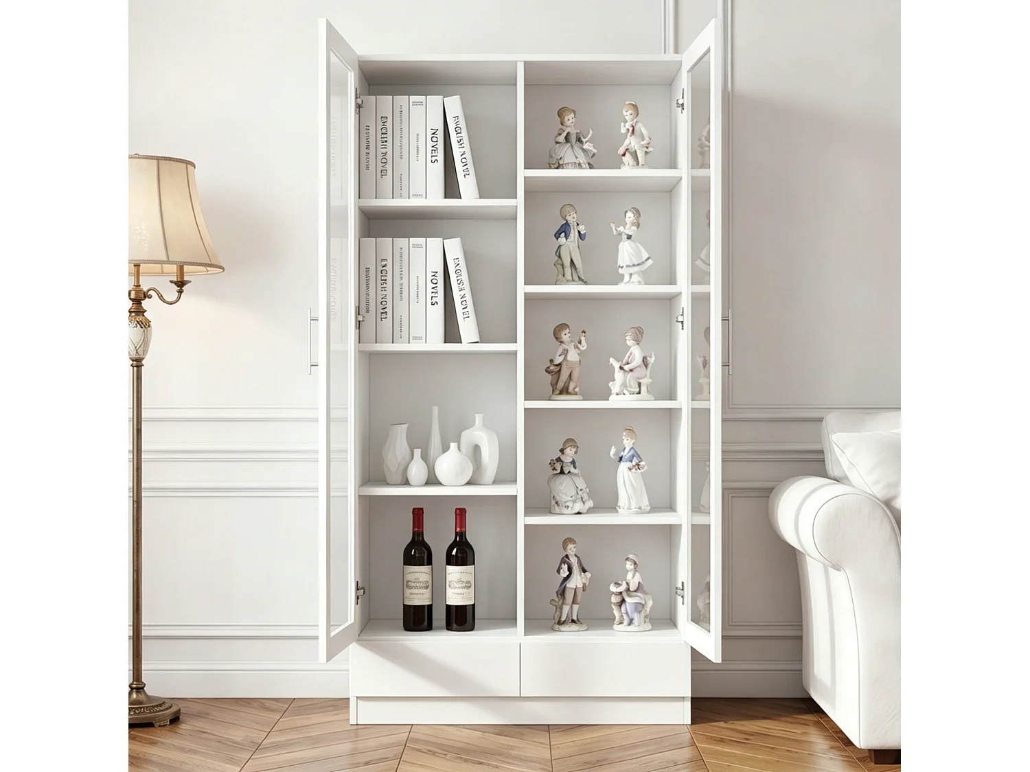 Storage Display Cabinet 80 × 40 × 160 cm - with glass doors and 2 drawers - tall cabinet - white
