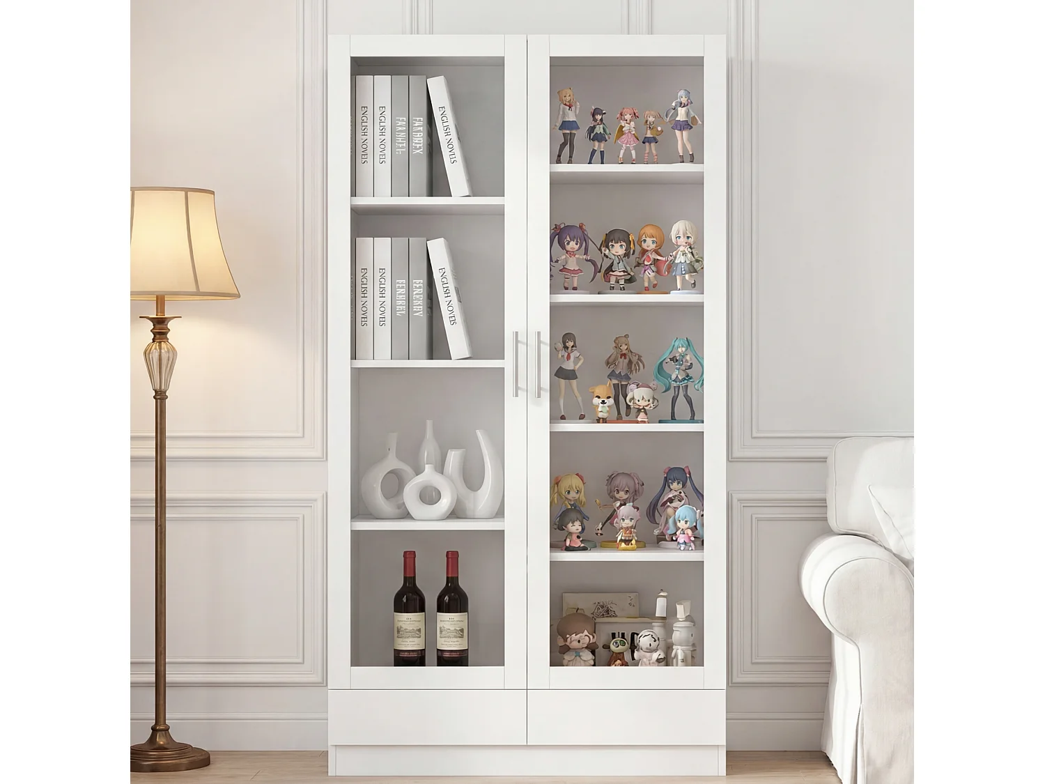 Storage Display Cabinet 80 × 40 × 160 cm - with glass doors and 2 drawers - tall cabinet - white