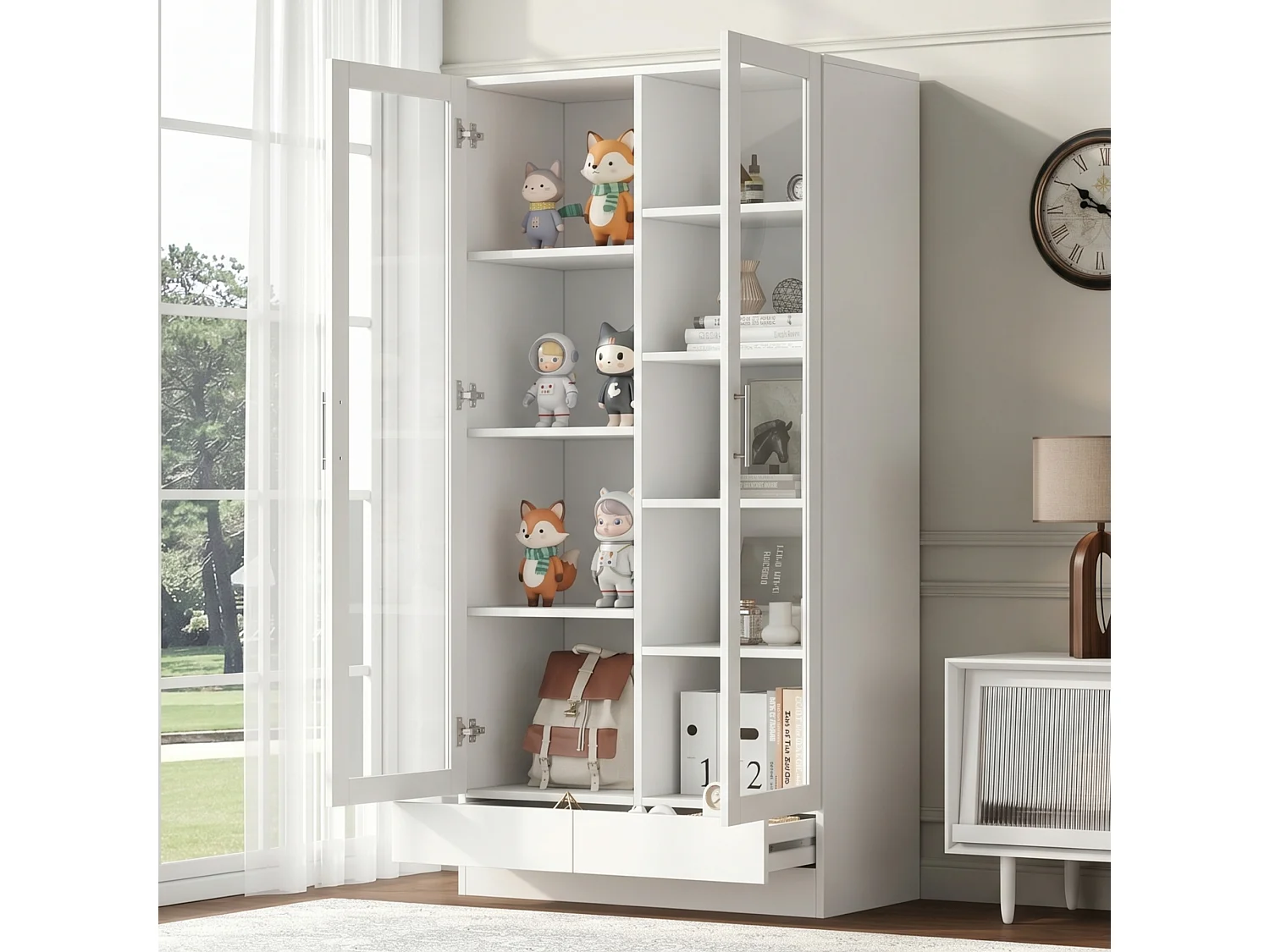 Storage Display Cabinet 80 × 40 × 160 cm - with glass doors and 2 drawers - tall cabinet - white