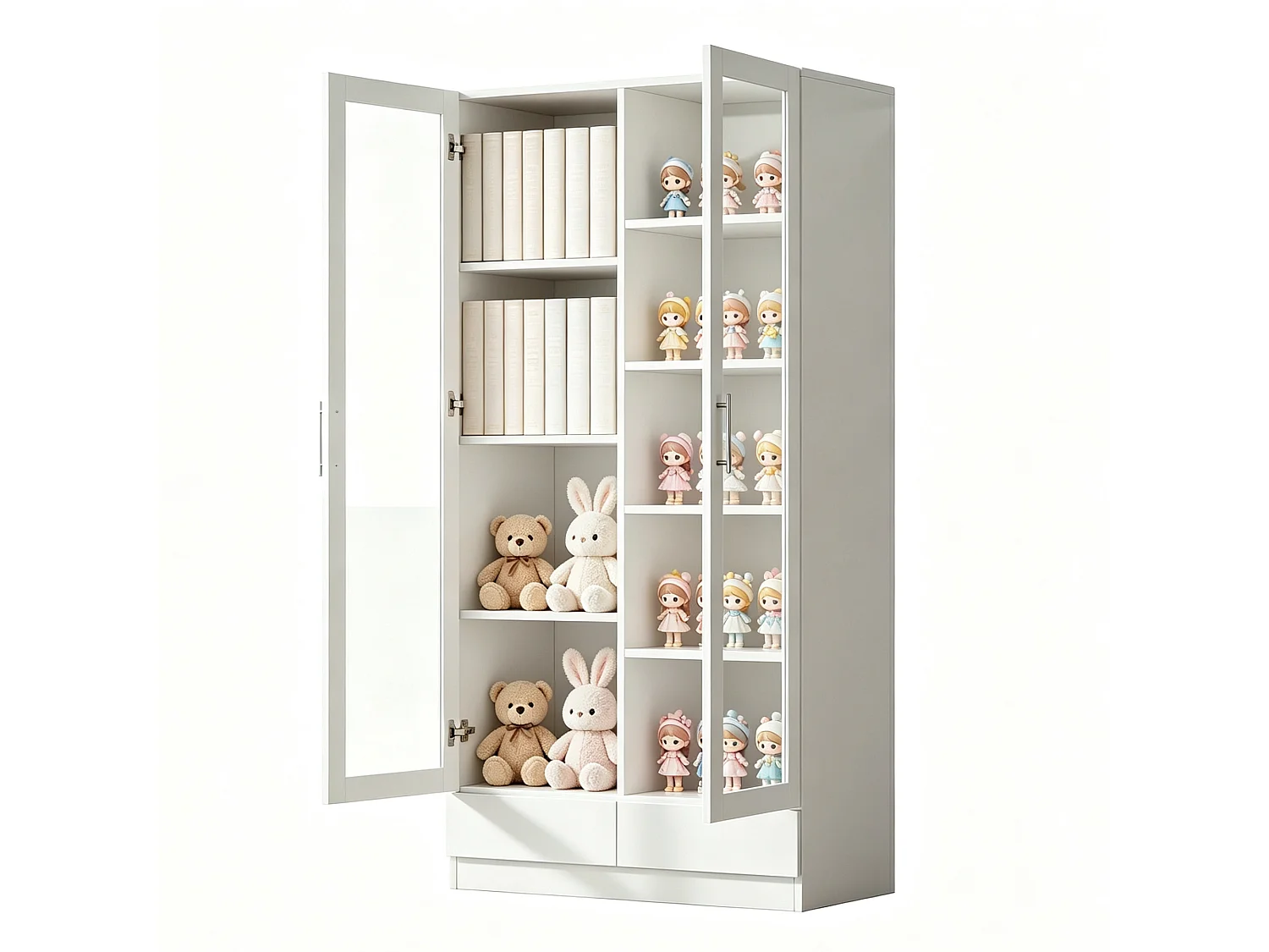 Storage Display Cabinet 80 × 40 × 160 cm - with glass doors and 2 drawers - tall cabinet - white