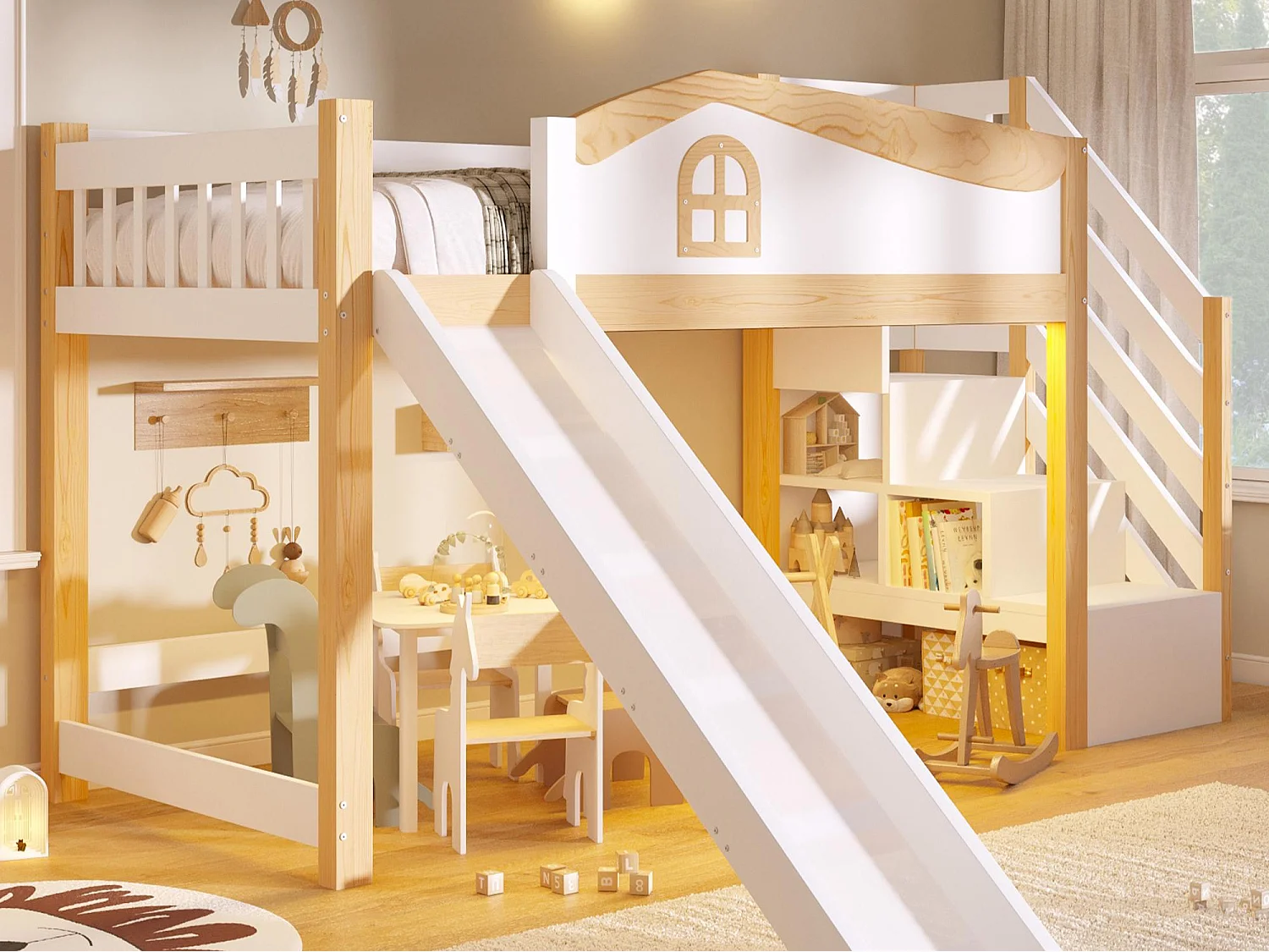 Kids Bed 90 × 200 cm - with safety rails - with storage ladder - with slide - with LED light - white (mattress not included)