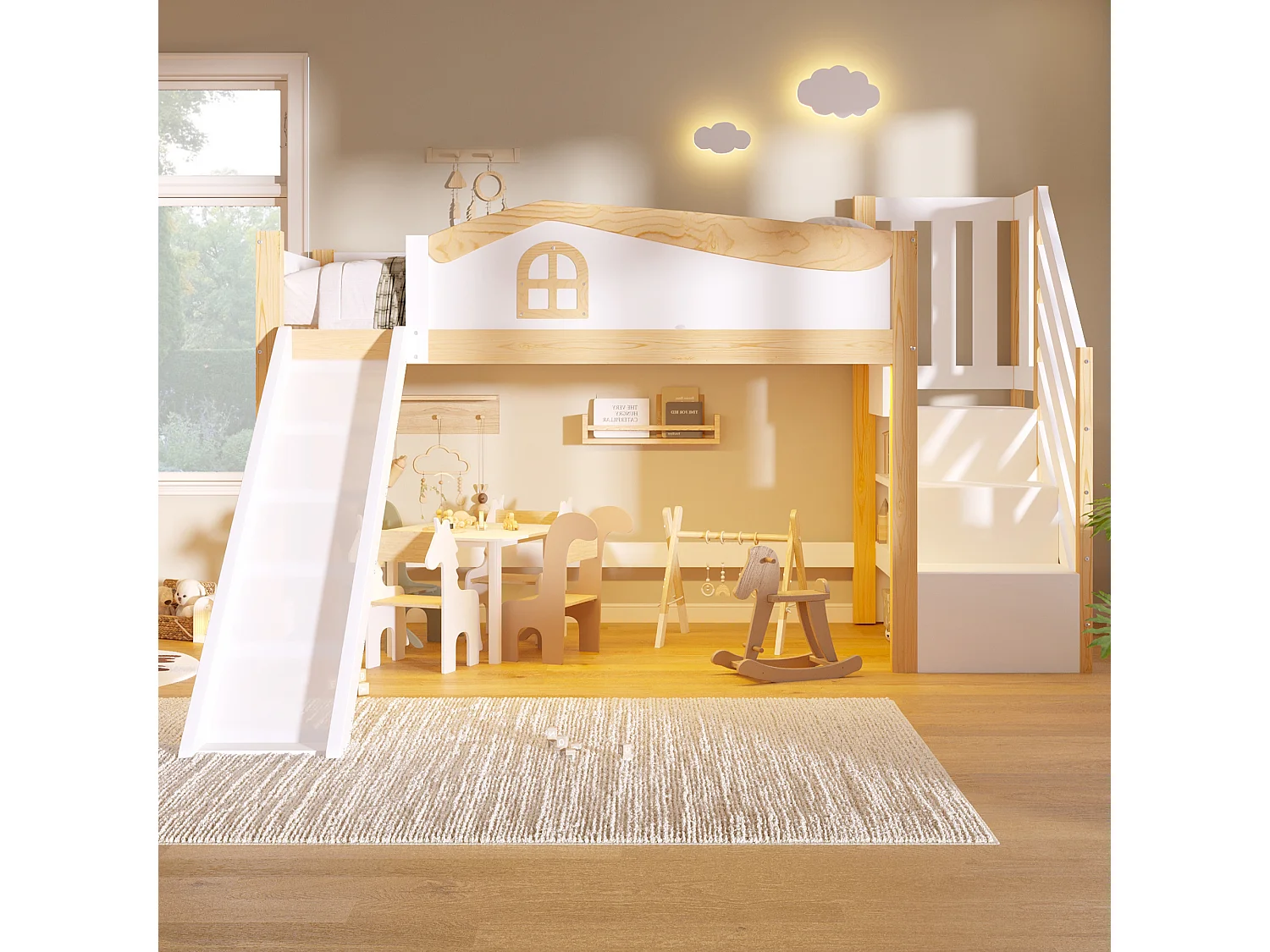 Kids Bed 90 × 200 cm - with safety rails - with storage ladder - with slide - with LED light - white (mattress not included)