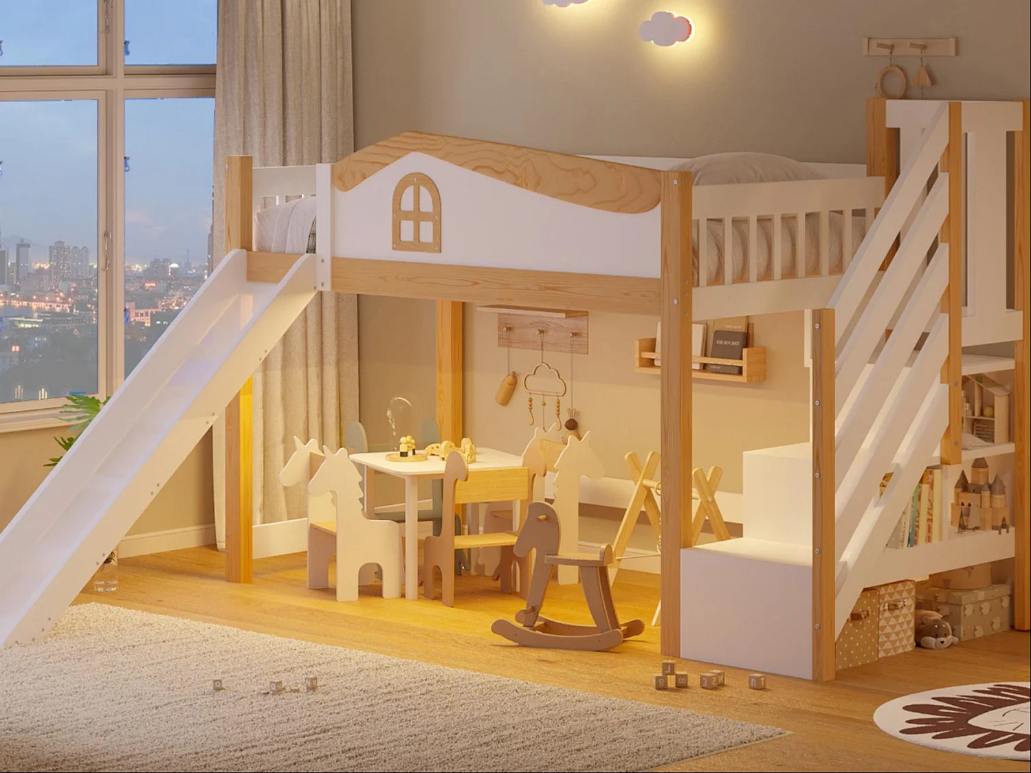 Kids Bed 90 × 200 cm - with safety rails - with storage ladder - with slide - with LED light - white (mattress not included)
