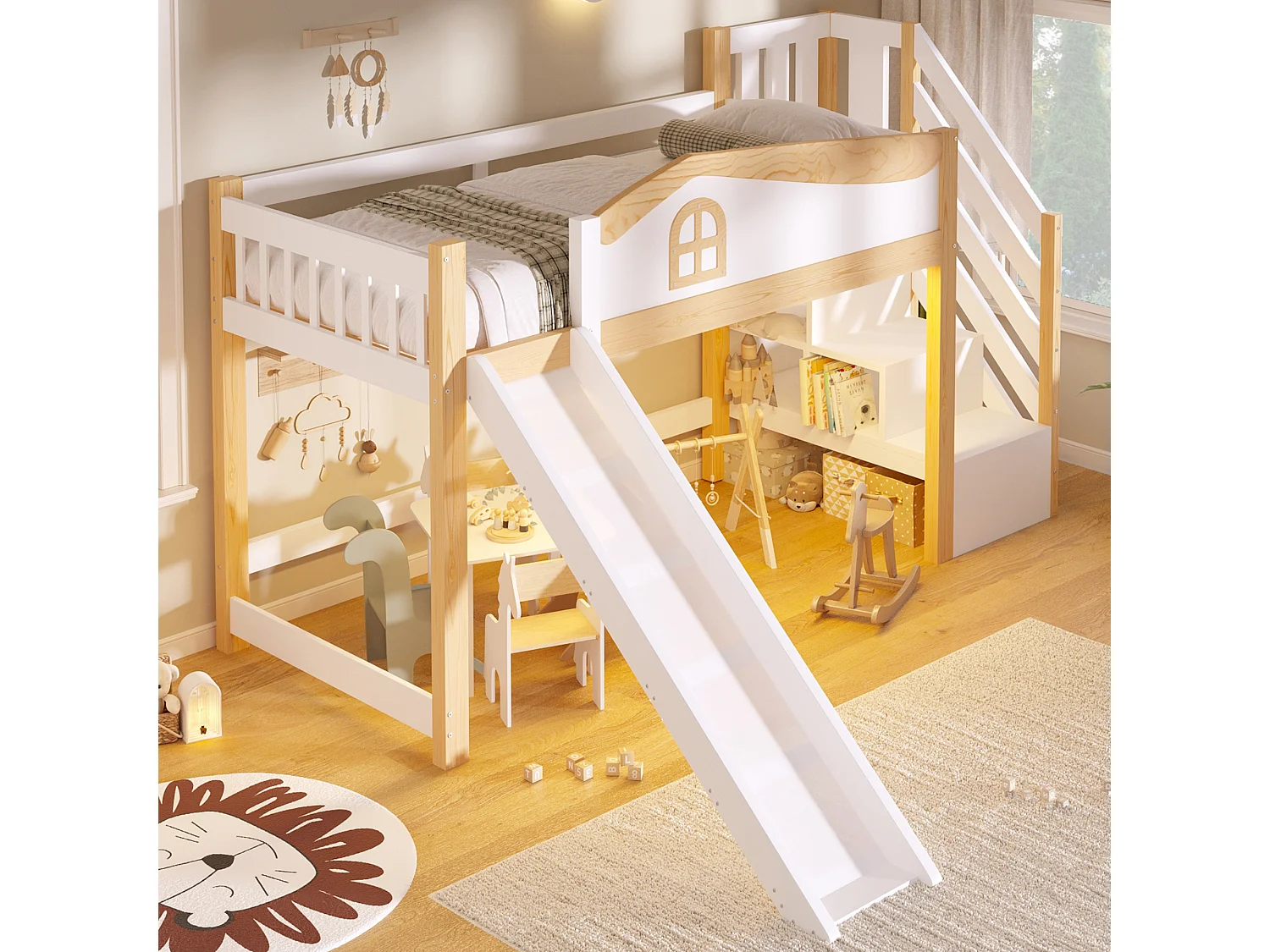 Kids Bed 90 × 200 cm - with safety rails - with storage ladder - with slide - with LED light - white (mattress not included)