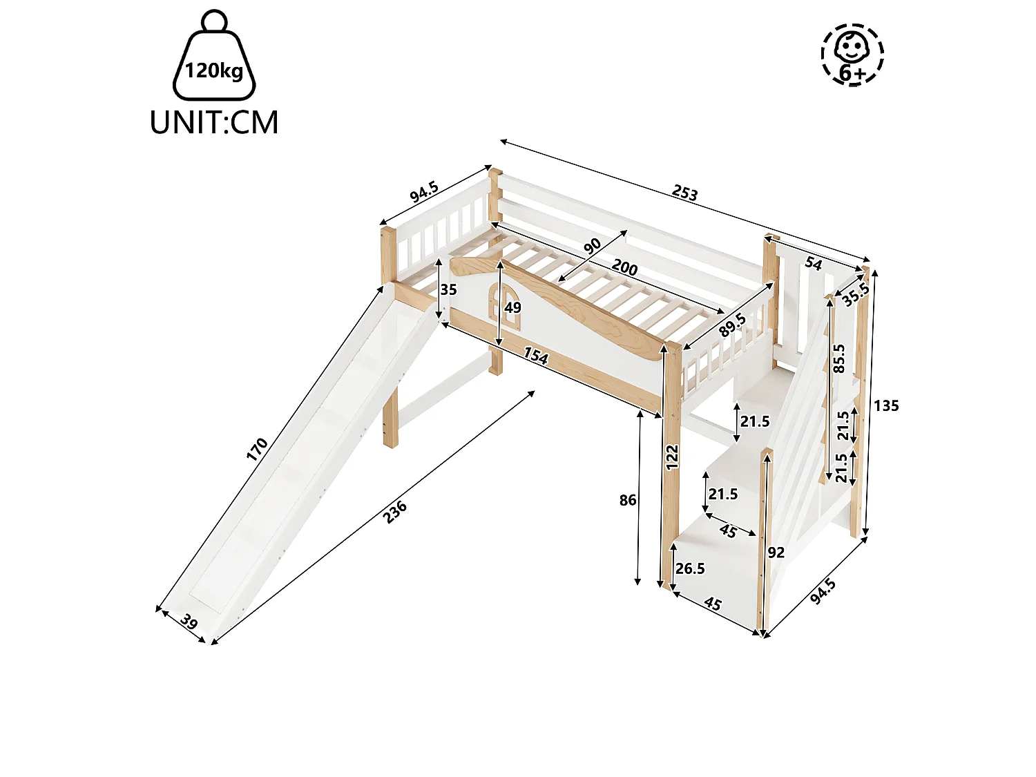 Kids Bed 90 × 200 cm - with safety rails - with storage ladder - with slide - with LED light - white (mattress not included)