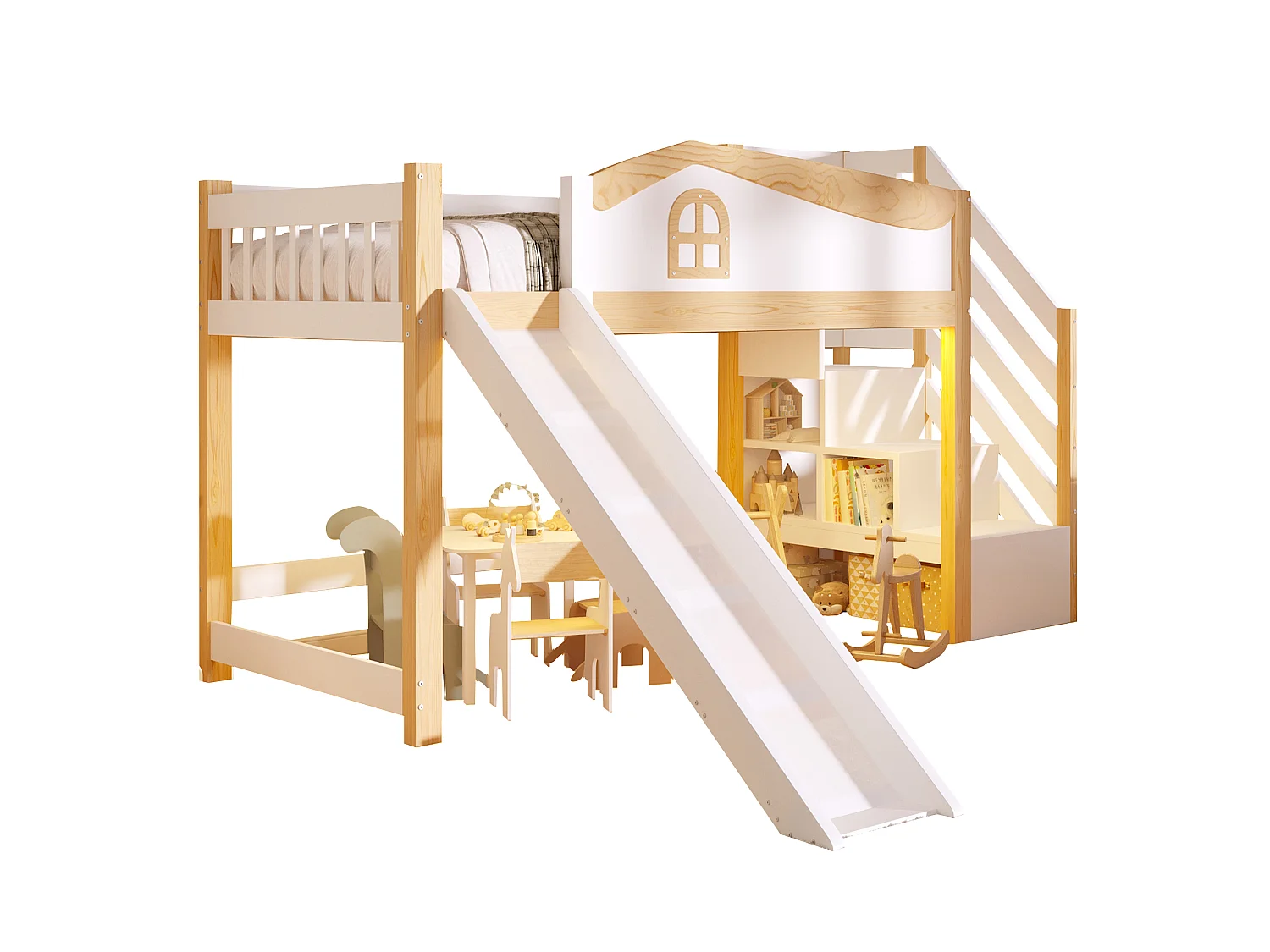 Kids Bed 90 × 200 cm - with safety rails - with storage ladder - with slide - with LED light - white (mattress not included)