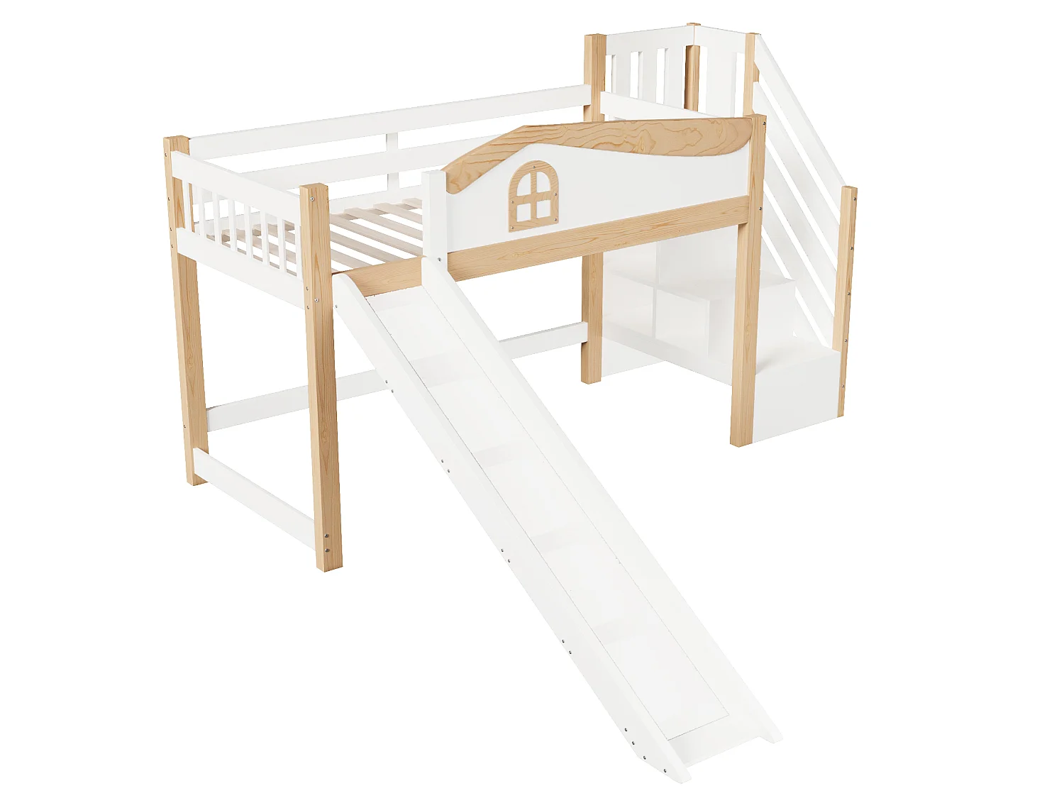 Kids Bed 90 × 200 cm - with safety rails - with storage ladder - with slide - with LED light - white (mattress not included)