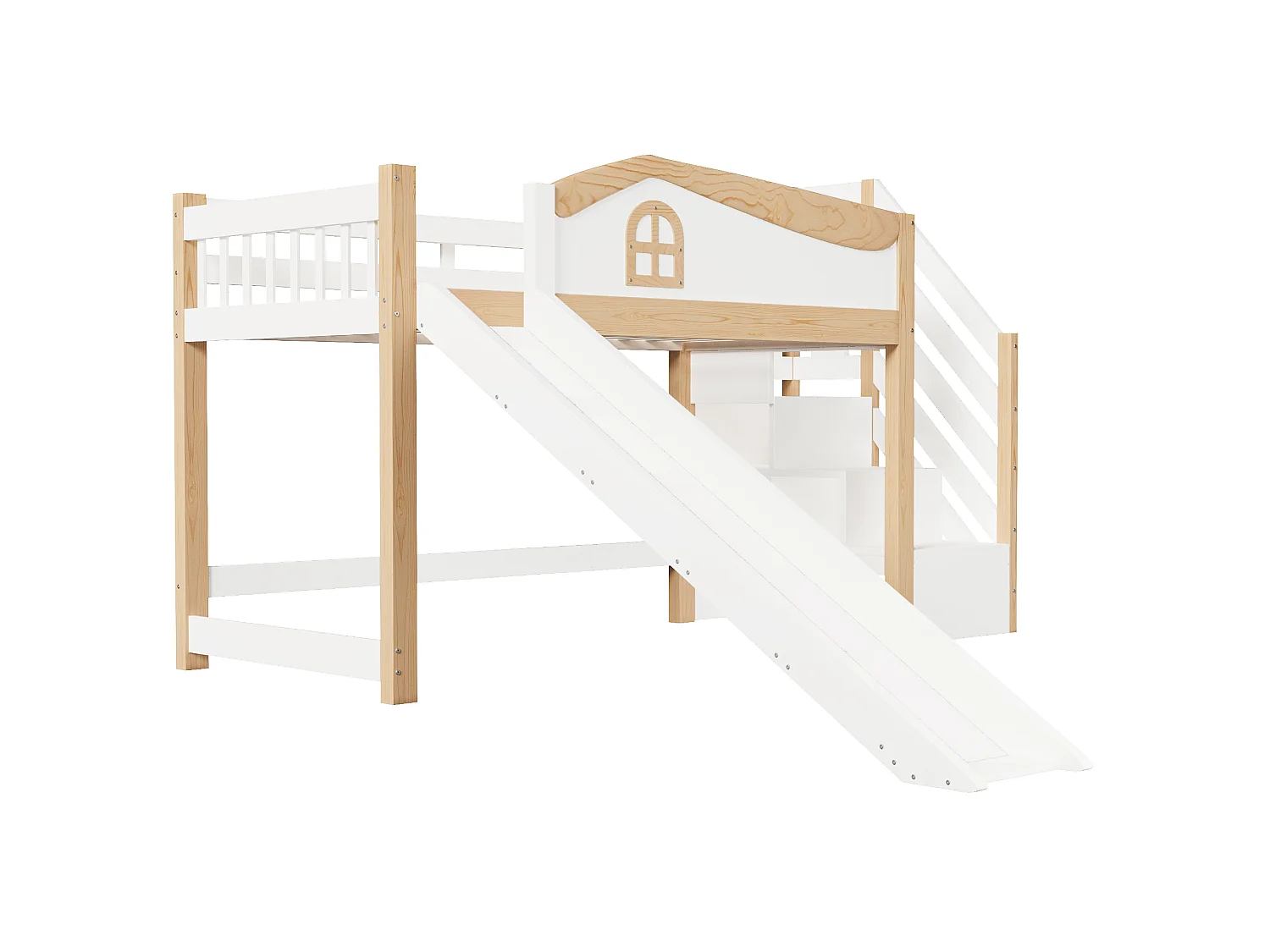 Kids Bed 90 × 200 cm - with safety rails - with storage ladder - with slide - with LED light - white (mattress not included)