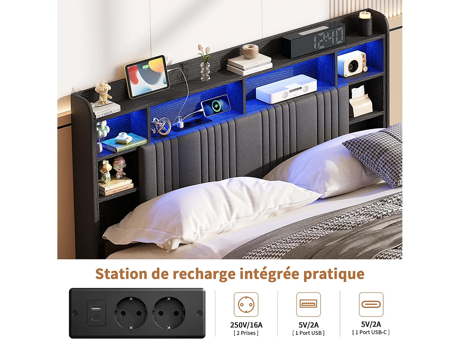 Lit Coffre 140x200 cm, Lit Double avec Éclairage LED et USB, Lit Adulte avec Rangement et Tete de Lit, pour Adolescents, Lin, sans Matelas, Gris