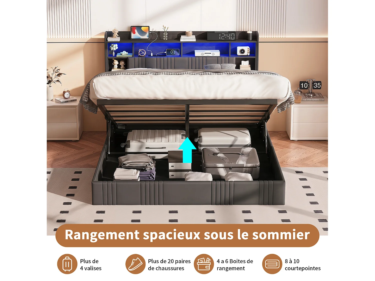 Lit Coffre 140x200 cm, Lit Double avec Éclairage LED et USB, Lit Adulte avec Rangement et Tete de Lit, pour Adolescents, Lin, sans Matelas, Gris