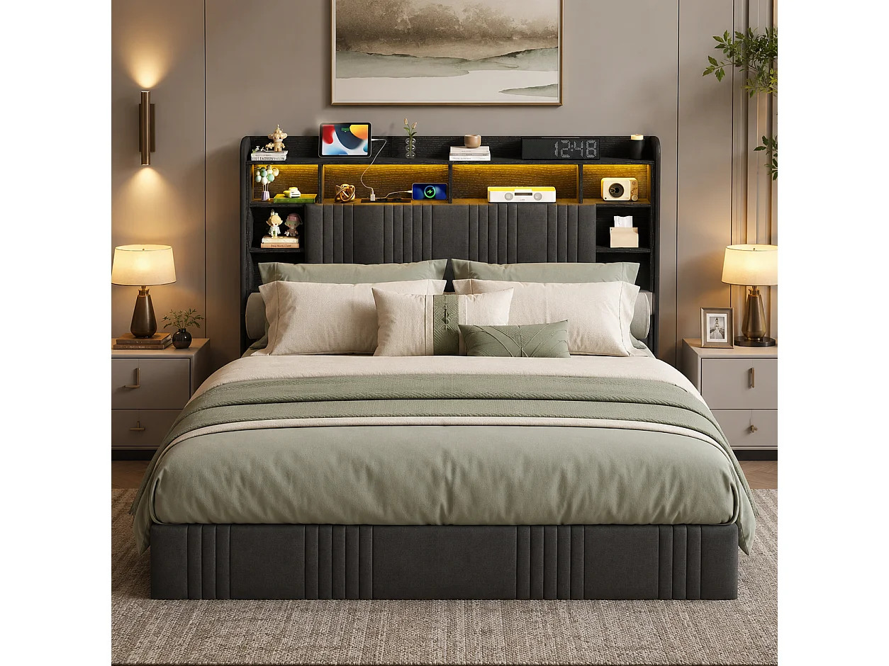 Lit Coffre 140x200 cm, Lit Double avec Éclairage LED et USB, Lit Adulte avec Rangement et Tete de Lit, pour Adolescents, Lin, sans Matelas, Gris