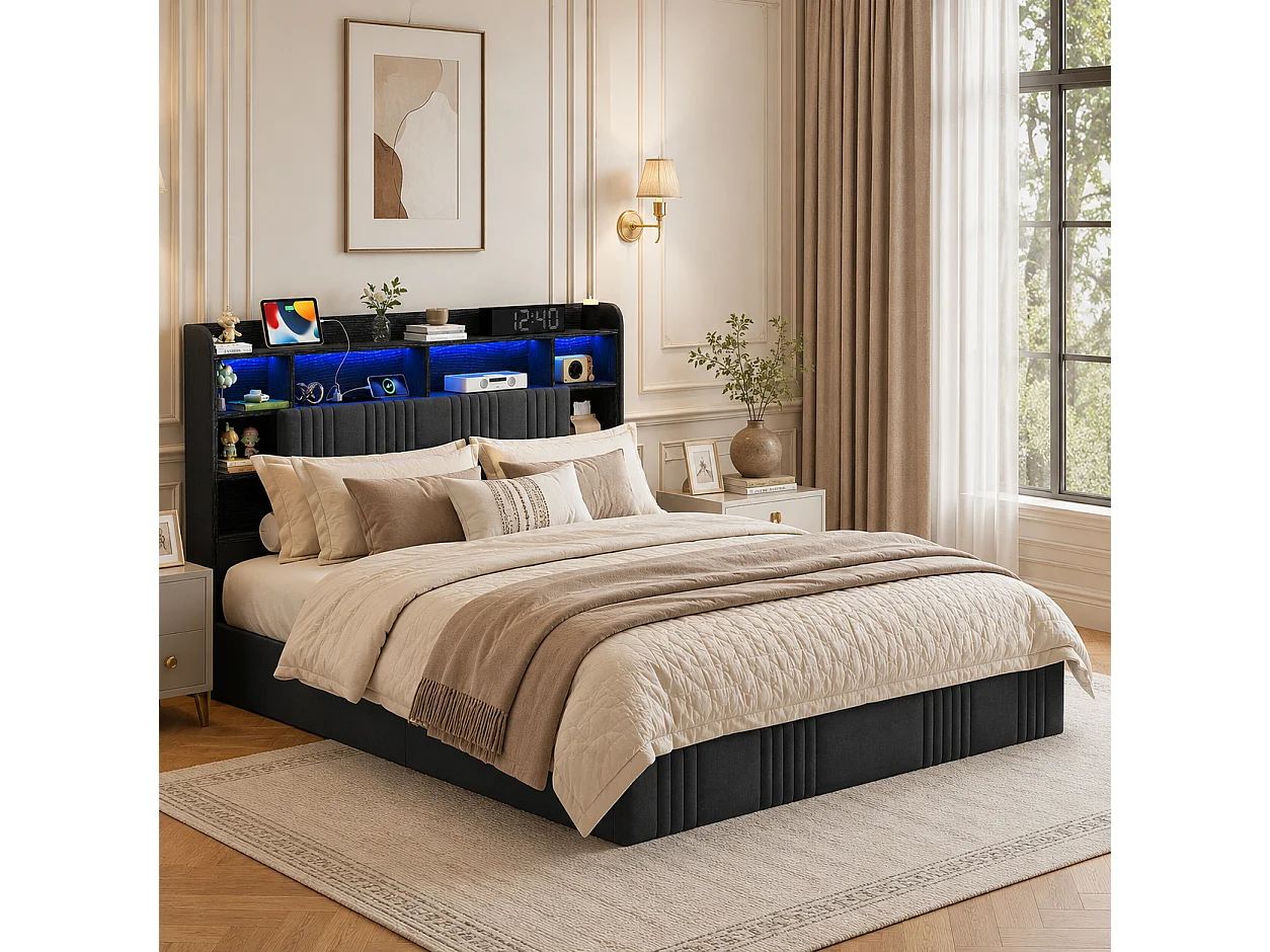 Lit Coffre 140x200 cm, Lit Double avec Éclairage LED et USB, Lit Adulte avec Rangement et Tete de Lit, pour Adolescents, Lin, sans Matelas, Gris