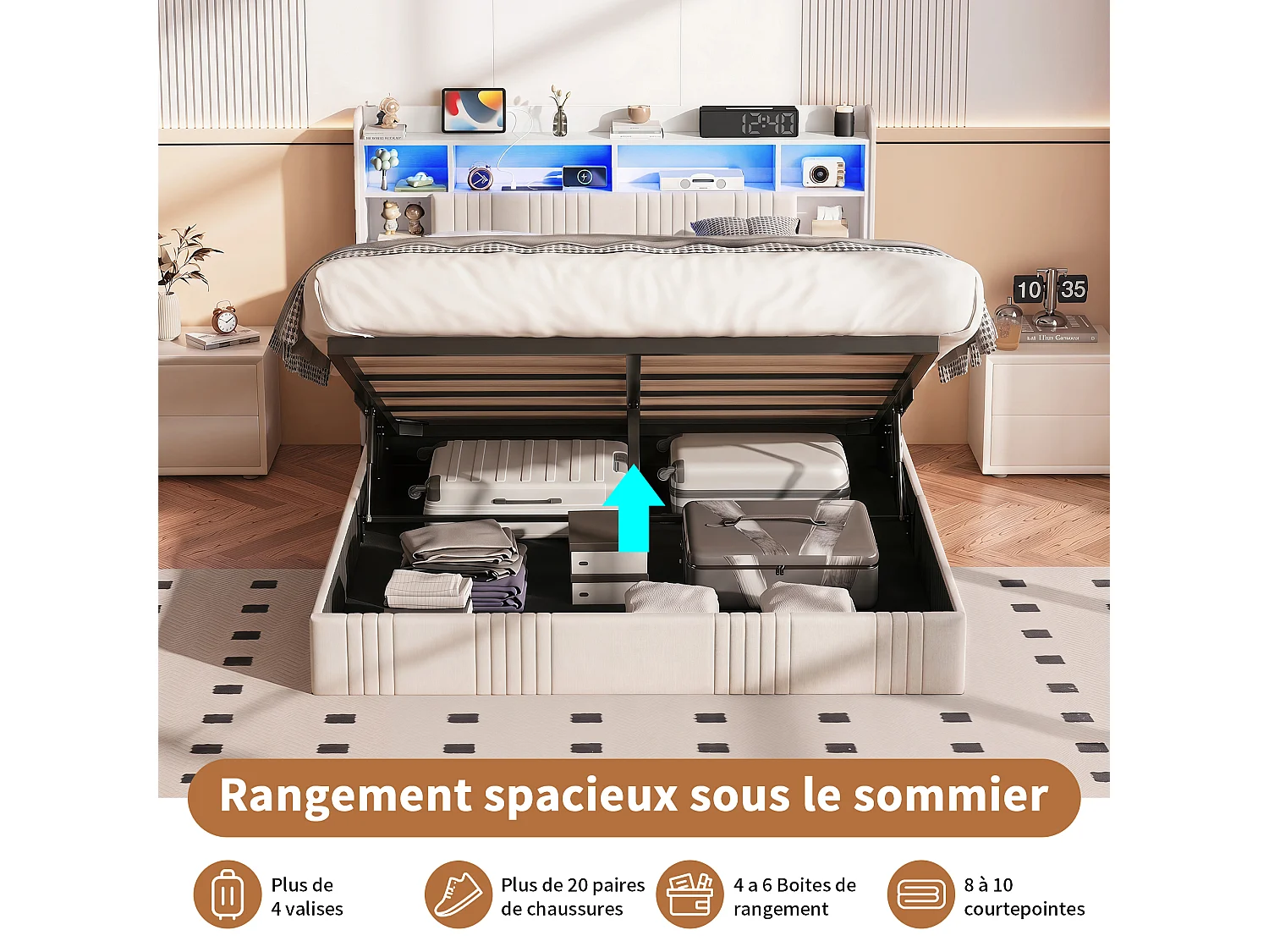Lit Coffre 140x200 cm, Lit Double avec Éclairage LED et USB, Lit Adulte avec Rangement et Tete de Lit, pour Adolescents, Lin, sans Matelas, Beige