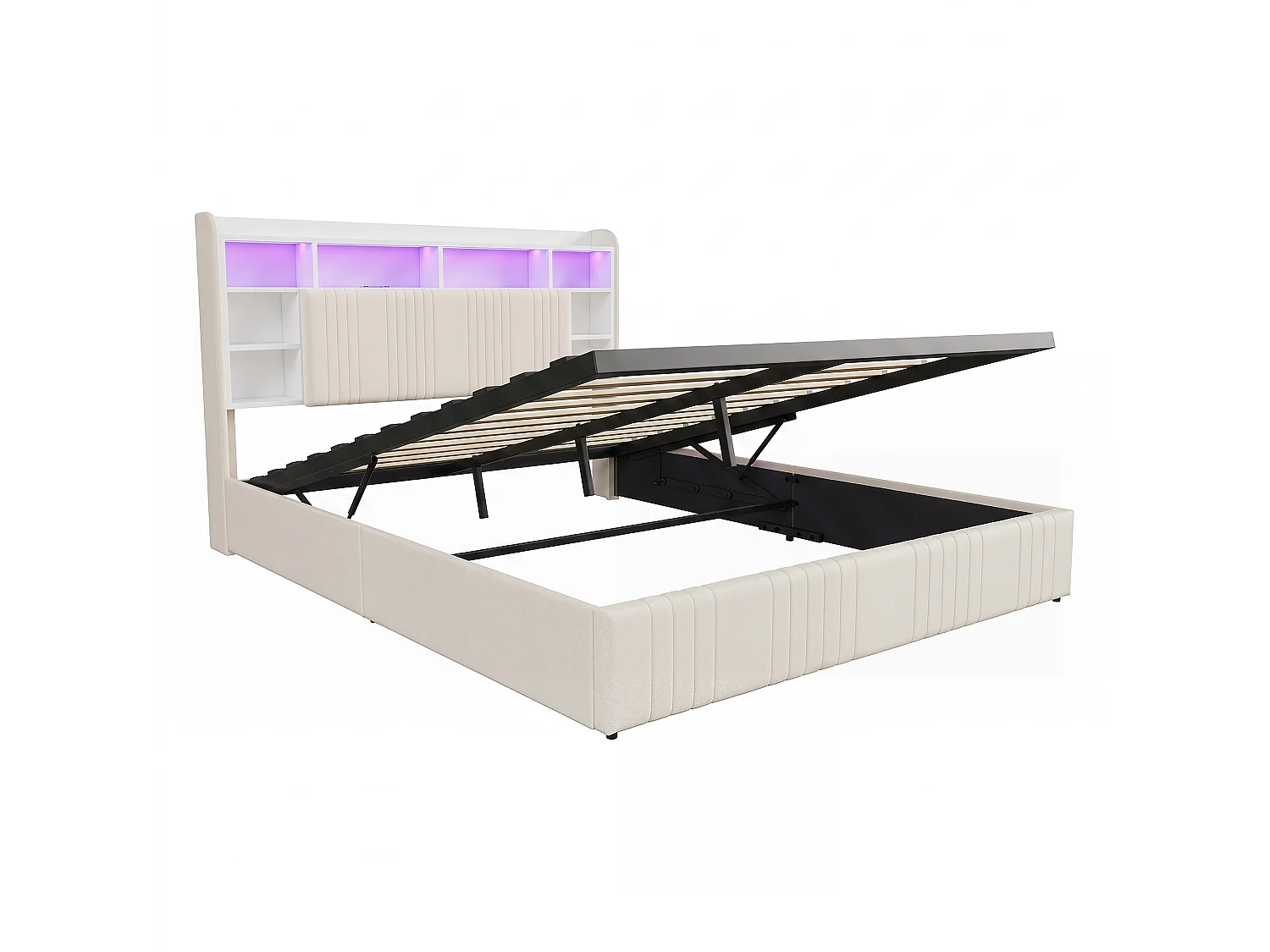Lit Coffre 140x200 cm, Lit Double avec Éclairage LED et USB, Lit Adulte avec Rangement et Tete de Lit, pour Adolescents, Lin, sans Matelas, Beige