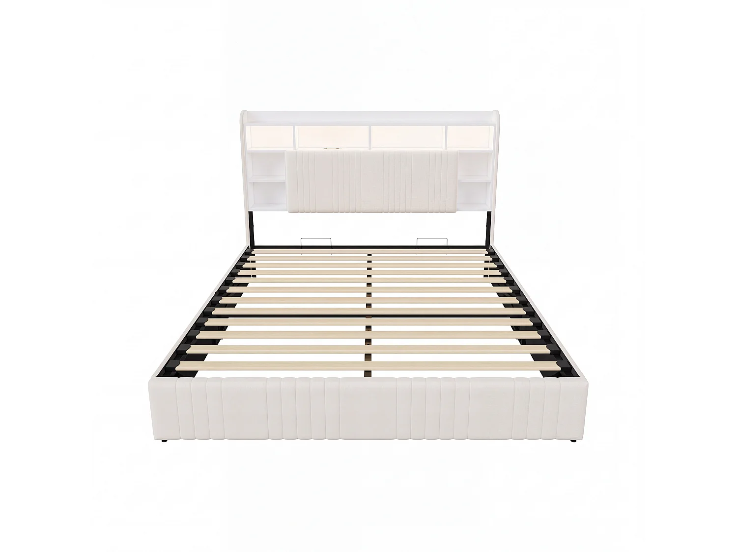 Lit Coffre 140x200 cm, Lit Double avec Éclairage LED et USB, Lit Adulte avec Rangement et Tete de Lit, pour Adolescents, Lin, sans Matelas, Beige