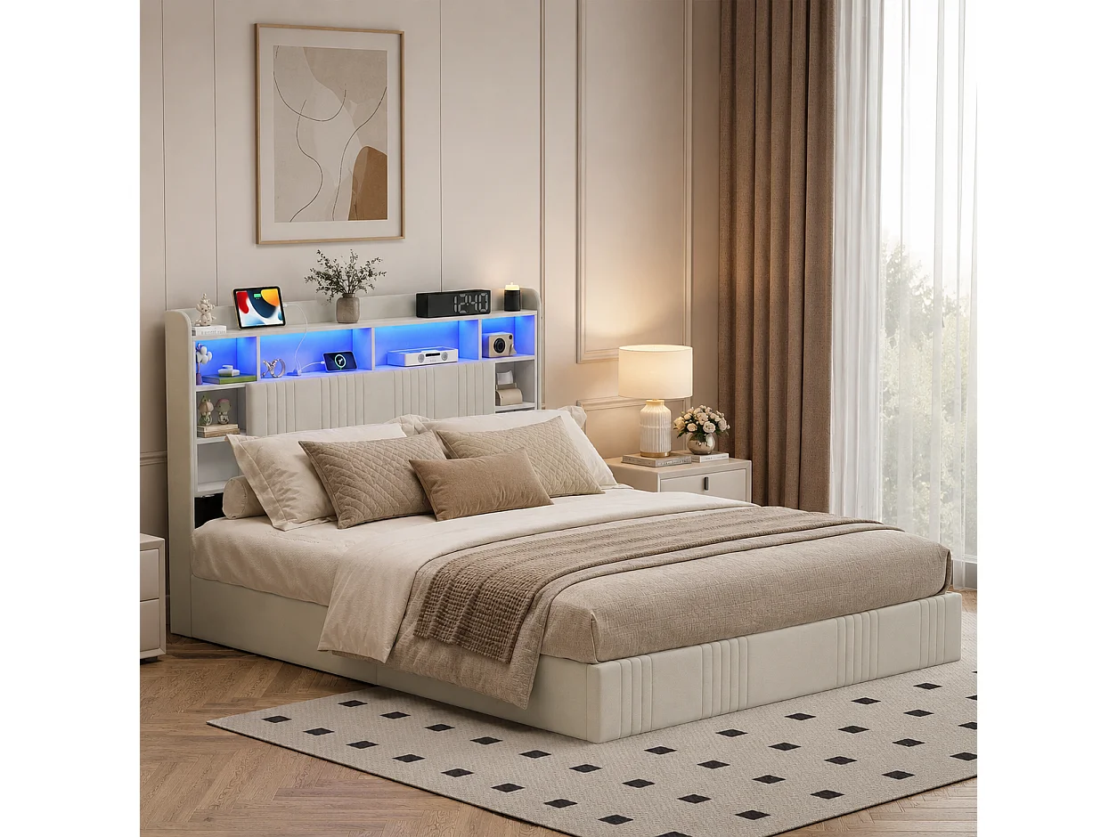 Lit Coffre 140x200 cm, Lit Double avec Éclairage LED et USB, Lit Adulte avec Rangement et Tete de Lit, pour Adolescents, Lin, sans Matelas, Beige