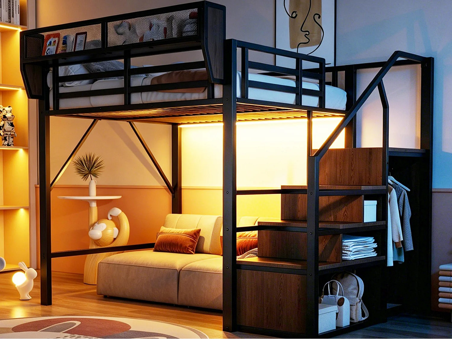 Lit mezzanine 140x200cm - avec éclairage LED - avec échelle de sécurité - avec espace de rangement - Noir (matelas non inclus)