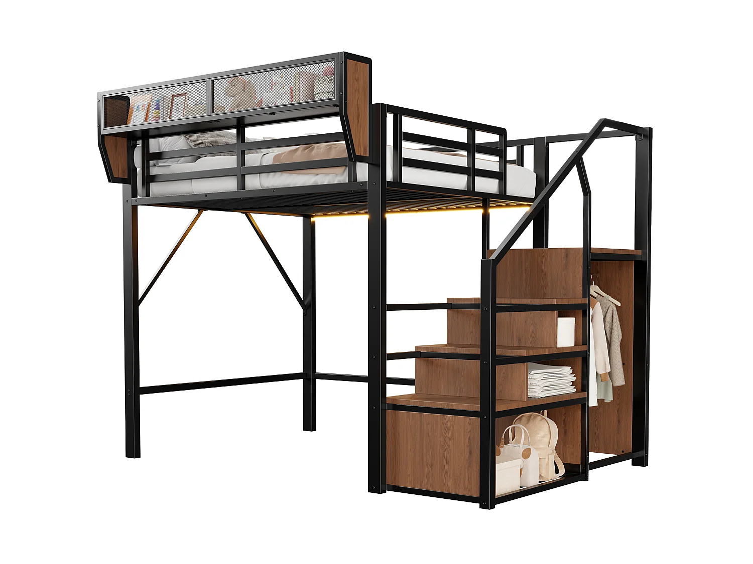 Lit mezzanine 140x200cm - avec éclairage LED - avec échelle de sécurité - avec espace de rangement - Noir (matelas non inclus)