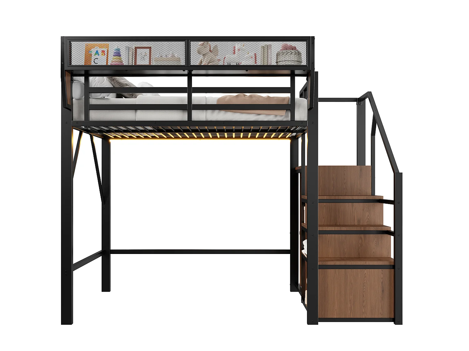 Lit mezzanine 140x200cm - avec éclairage LED - avec échelle de sécurité - avec espace de rangement - Noir (matelas non inclus)