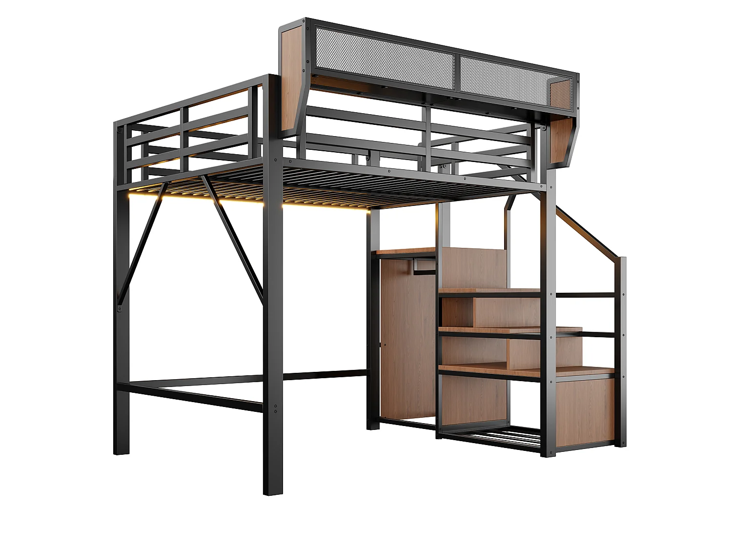 Lit mezzanine 140x200cm - avec éclairage LED - avec échelle de sécurité - avec espace de rangement - Noir (matelas non inclus)